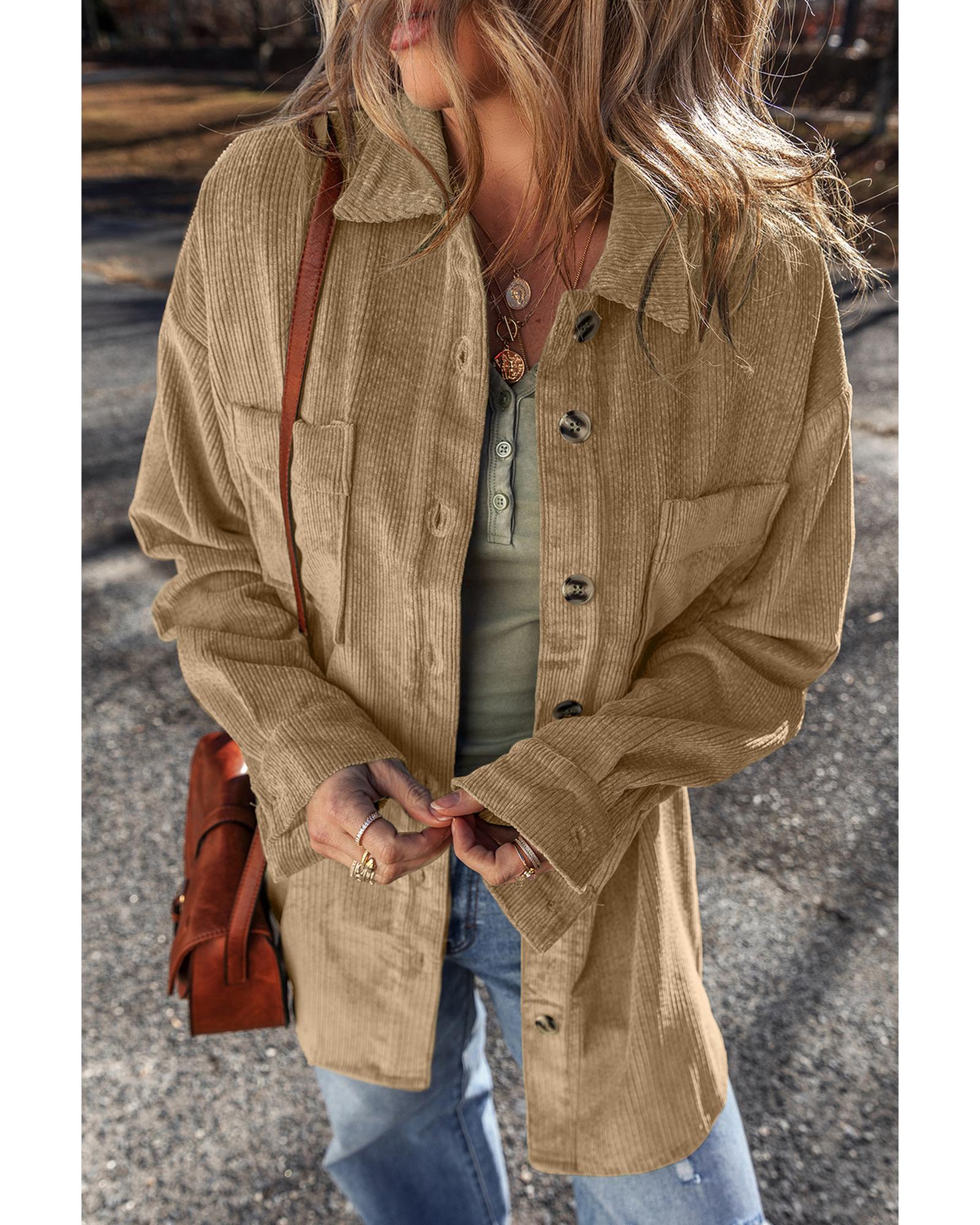 V539-AZEXDC854818-P4016-L-202508311105-00 Light French Beige Patched Pocket Button Up Corduroy Shacket - L - Image 1