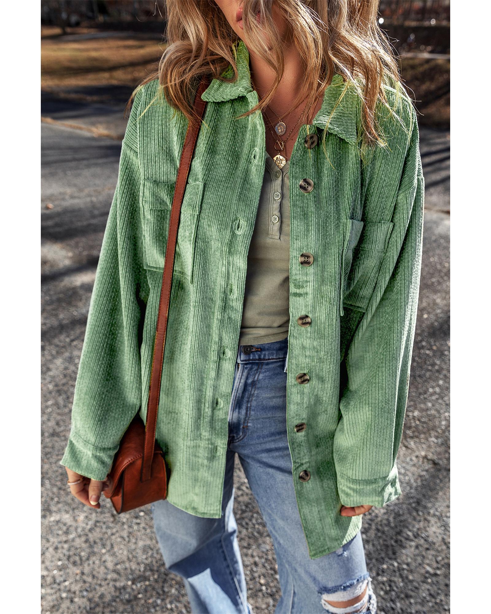 V539-AZEXDC854818-P509-XL-202508311255-00 Mist Green Patched Pocket Button Up Corduroy Shacket - XL - Image 1