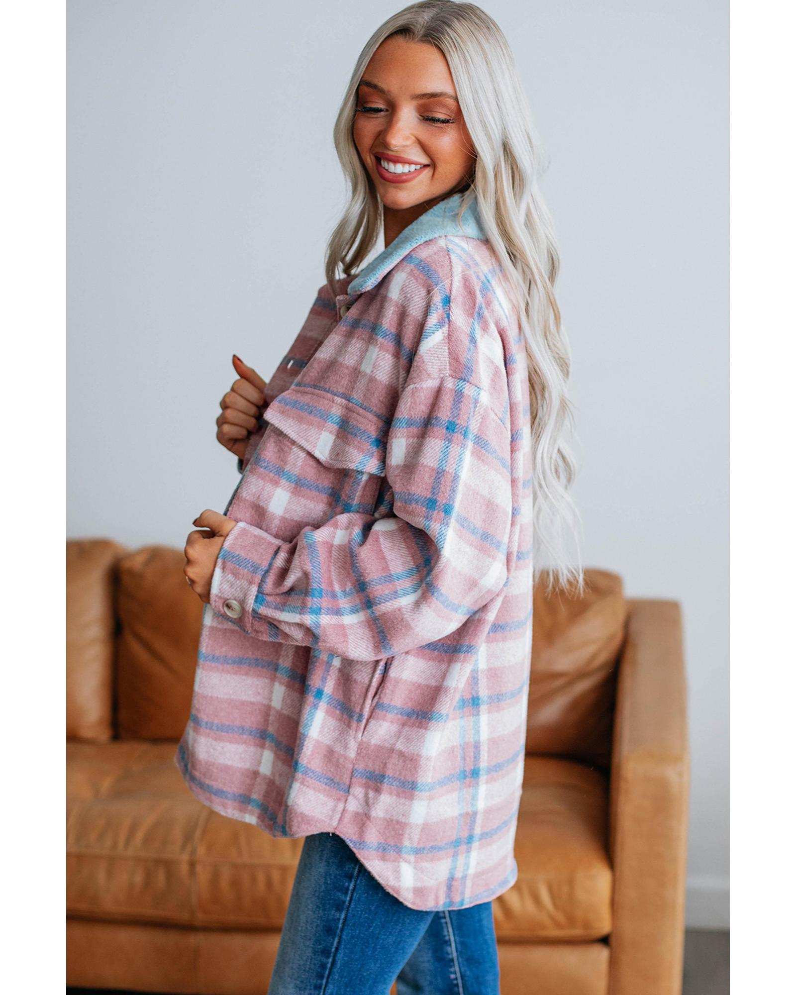 V539-AZEXDC854826-P1022-XL-202508310310-00 Pink Plaid Print Color Block Collared Flap Pockets Loose Shacket - XL - Image 1