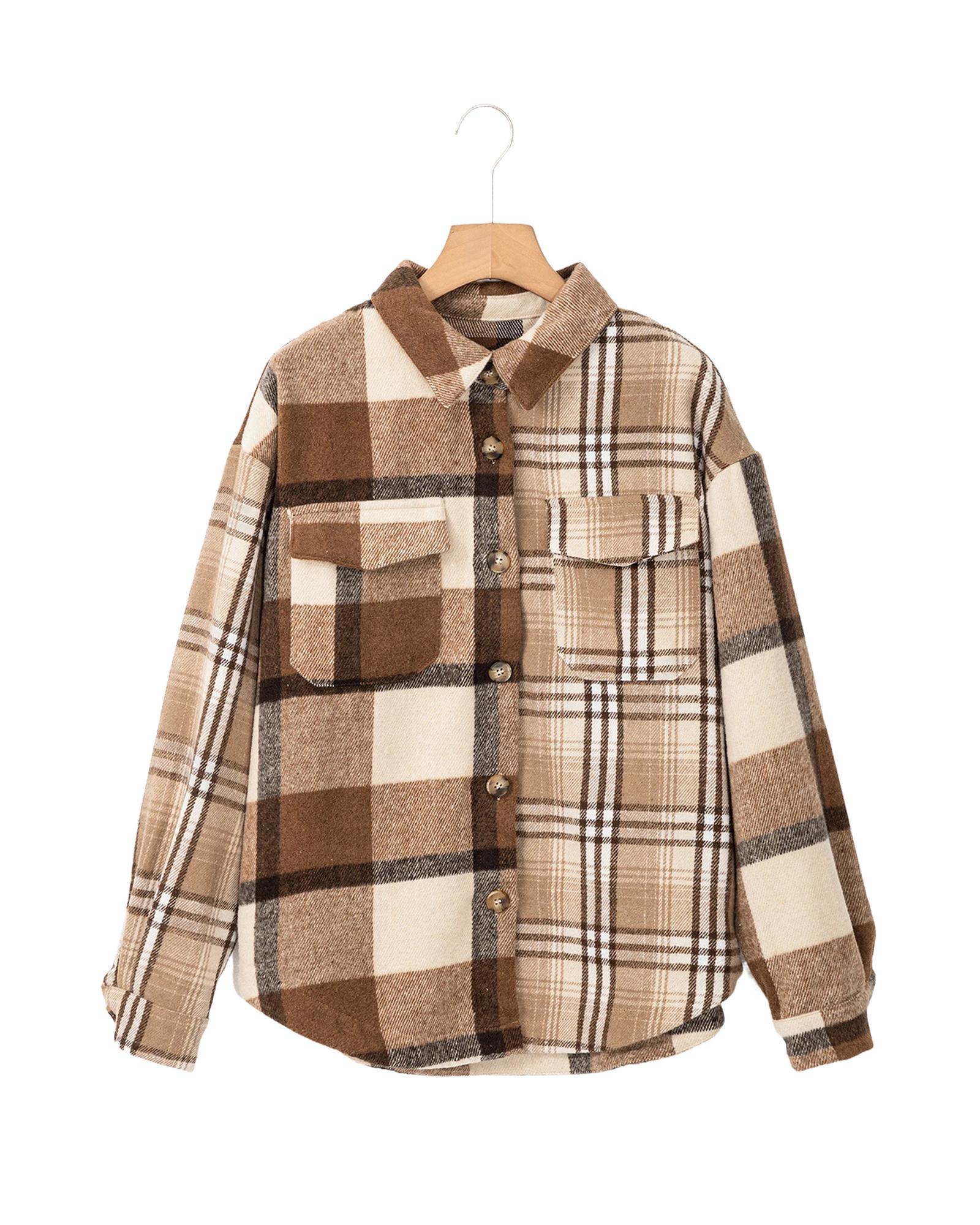 V539-AZEXDC854844-P4016-XL-202508310810-00 Light French Beige Flannel Plaid Double Flap Pocket Shacket - XL - Image 1