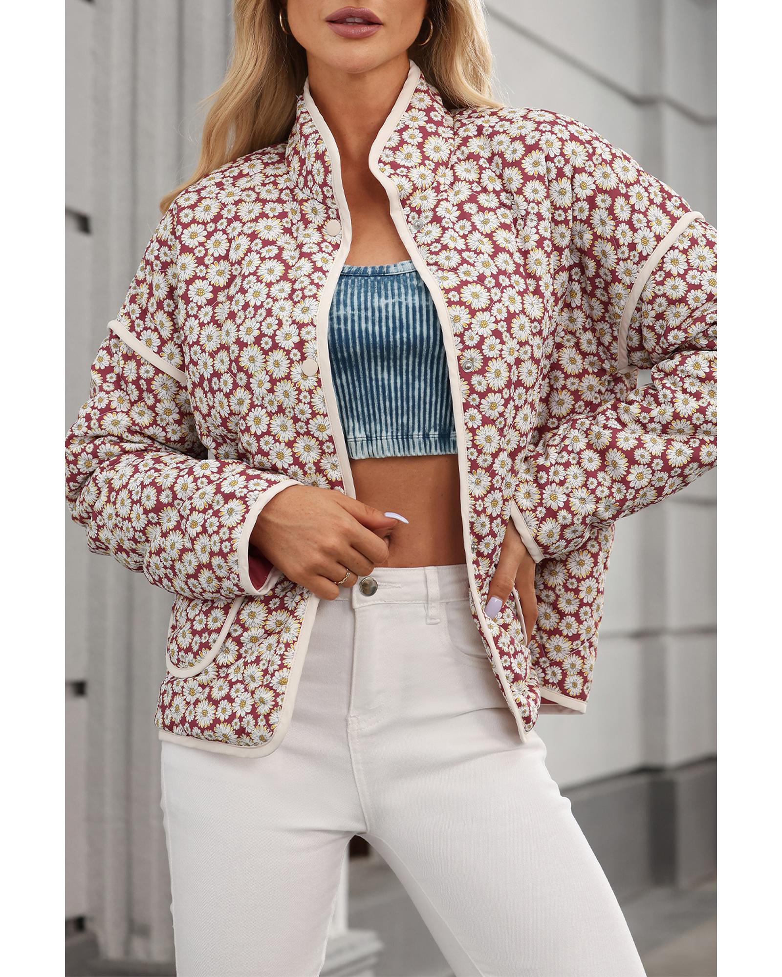V539-AZEXDC856189-P1020-XL-202508310435-00 Pink Floral Print Contrast Edge Pocketed Stand Neck Jacket - XL - Image 1