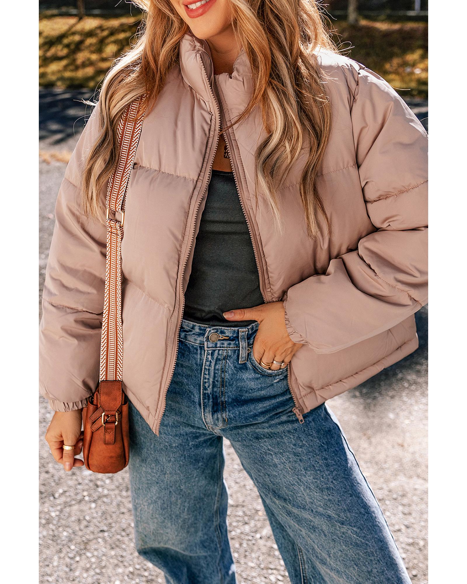 V539-AZEXDC856218-P2010-M-202508311605-00 Apricot Pink Full Zipper Quilted Puffer Jacket - M - Image 1