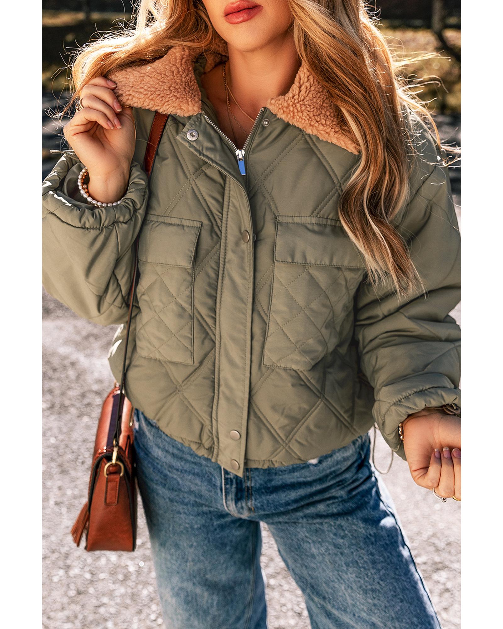 V539-AZEXDC856219-P609-M-202508311355-00 Jungle Green Teddy Collar Flap Pockets Quilted Puffer Jacket - M - Image 1