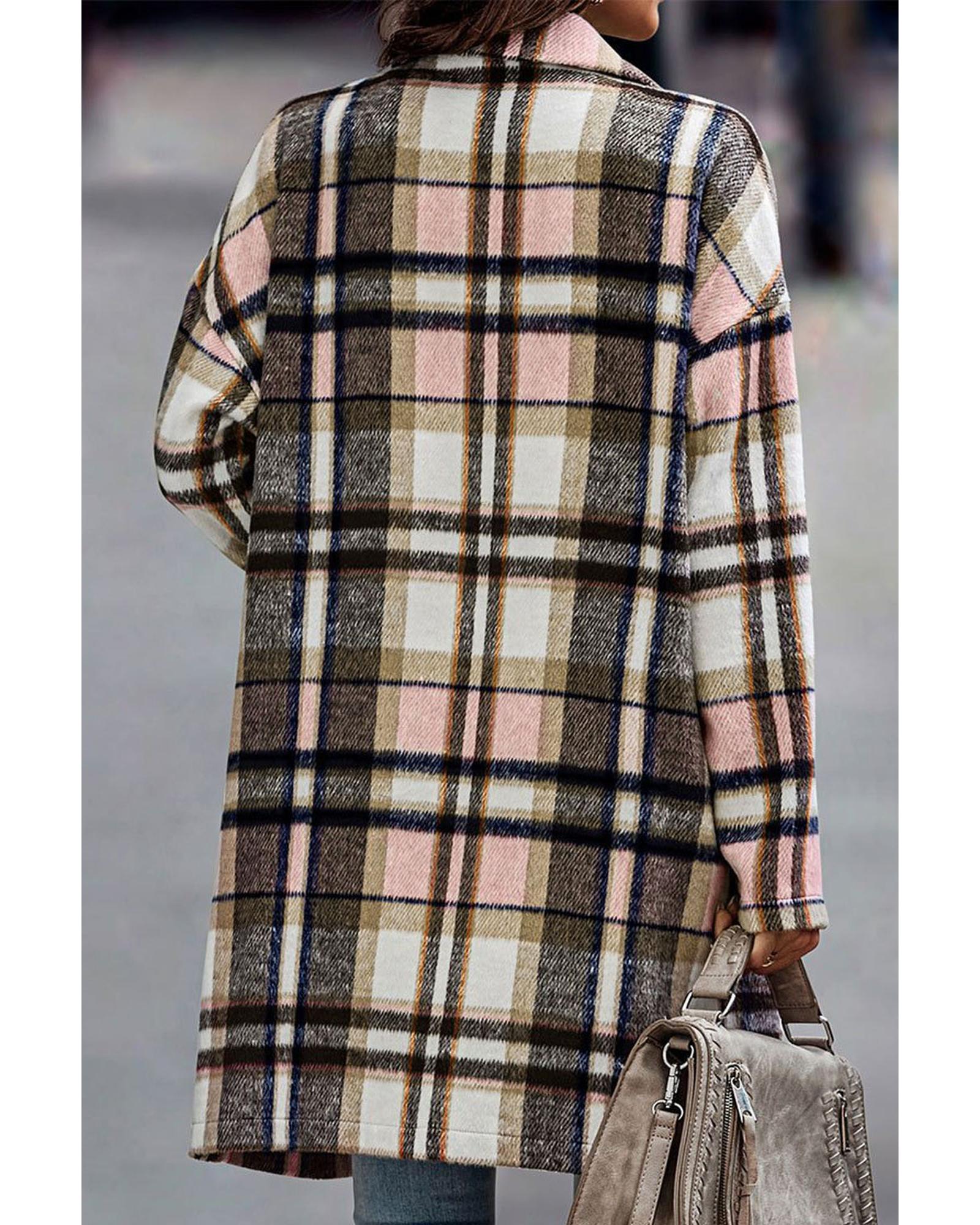 V539-AZEXDC859051-10-S-202506181921-00 Pink Plaid Button Up Lapel Jacket - S - Image 1