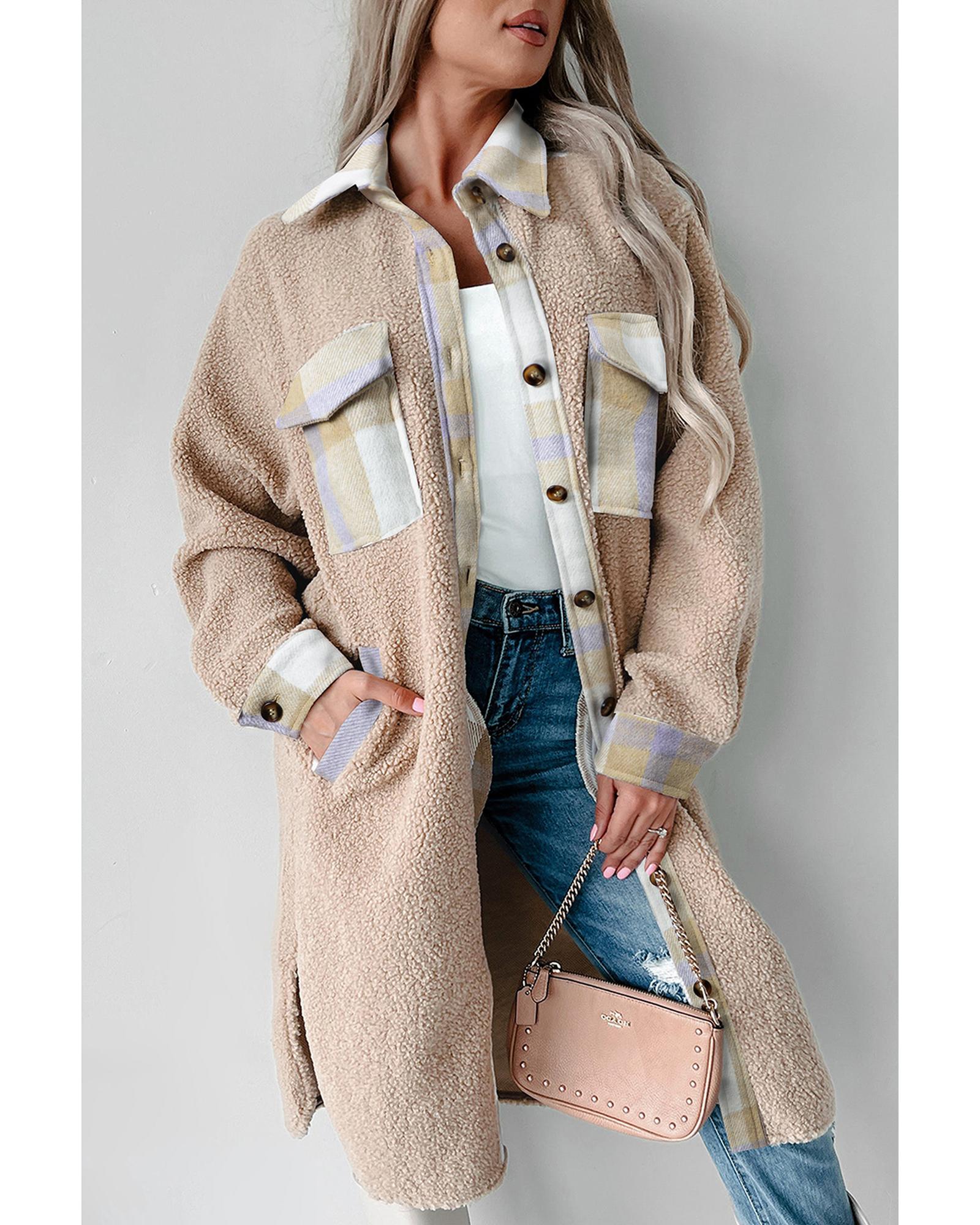 V539-AZEXDC859081-P7016-L-202508311555-00 Smoke Gray Plaid Patchwork Collared Button-up Sherpa Long Coat - L - Image 1