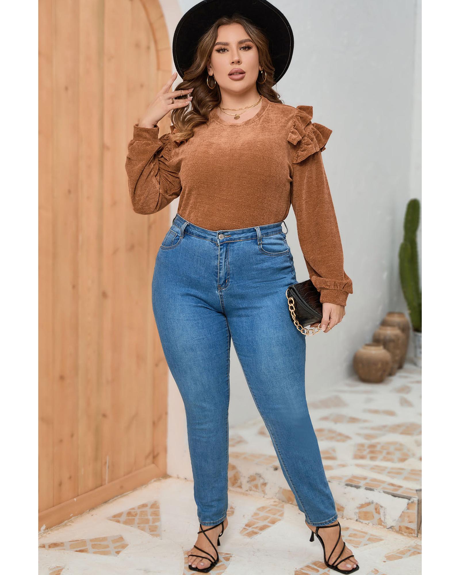 V539-AZEXPL2511161-17-3X-202508310955-00 Brown Plus Size Solid Ruffled Tiered Long Sleeve Top - 3X - Image 1