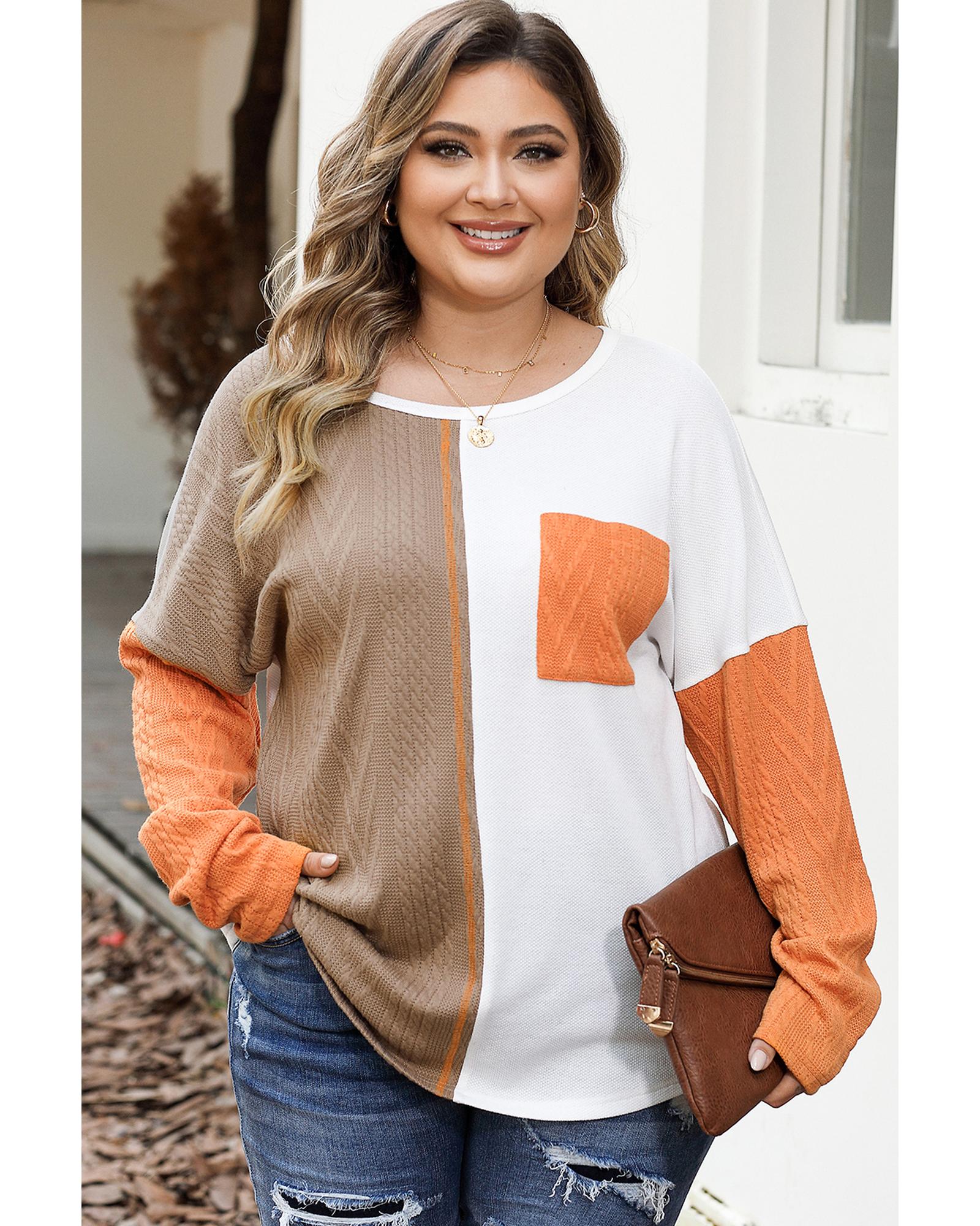 V539-AZEXPL2511371-P2017-2X-202508311410-00 Chestnut Plus Size Color Block Textured Patchwork Top with Pocket - 2X - Image 1