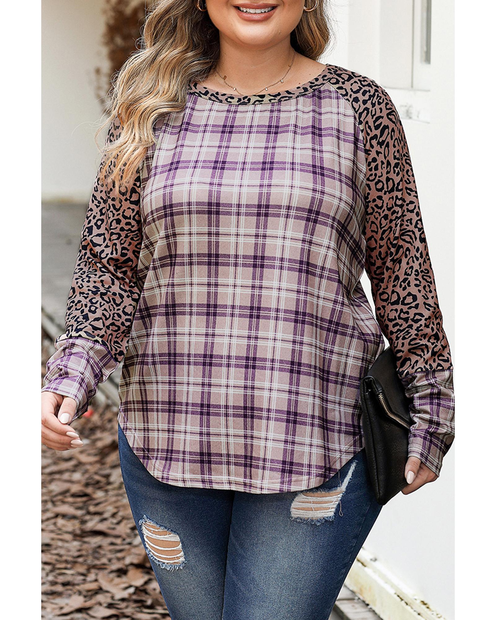 V539-AZEXPL2511440-P2017-1X-202506182031-00 Chestnut Plus Size Leopard Raglan Sleeve Plaid Top - 1X - Image 1