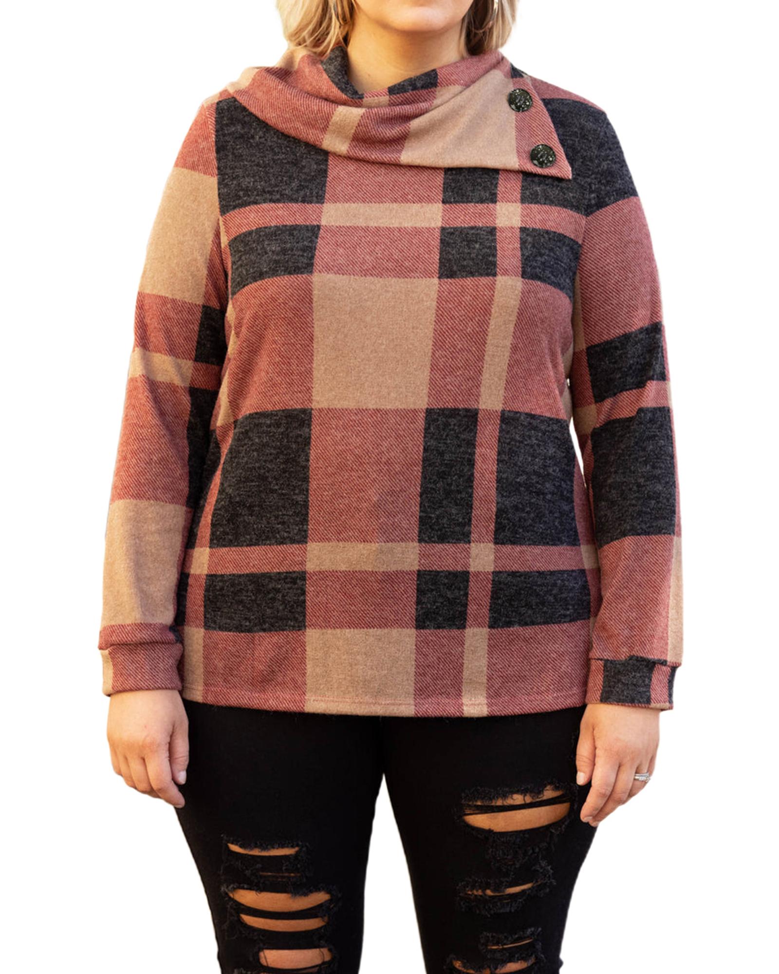 V539-AZEXPL2511516-P303-2X-202508310545-00 Mineral Red Plus Size Plaid Print Button Decor Asymmetric Neck Top - 2X - Image 1