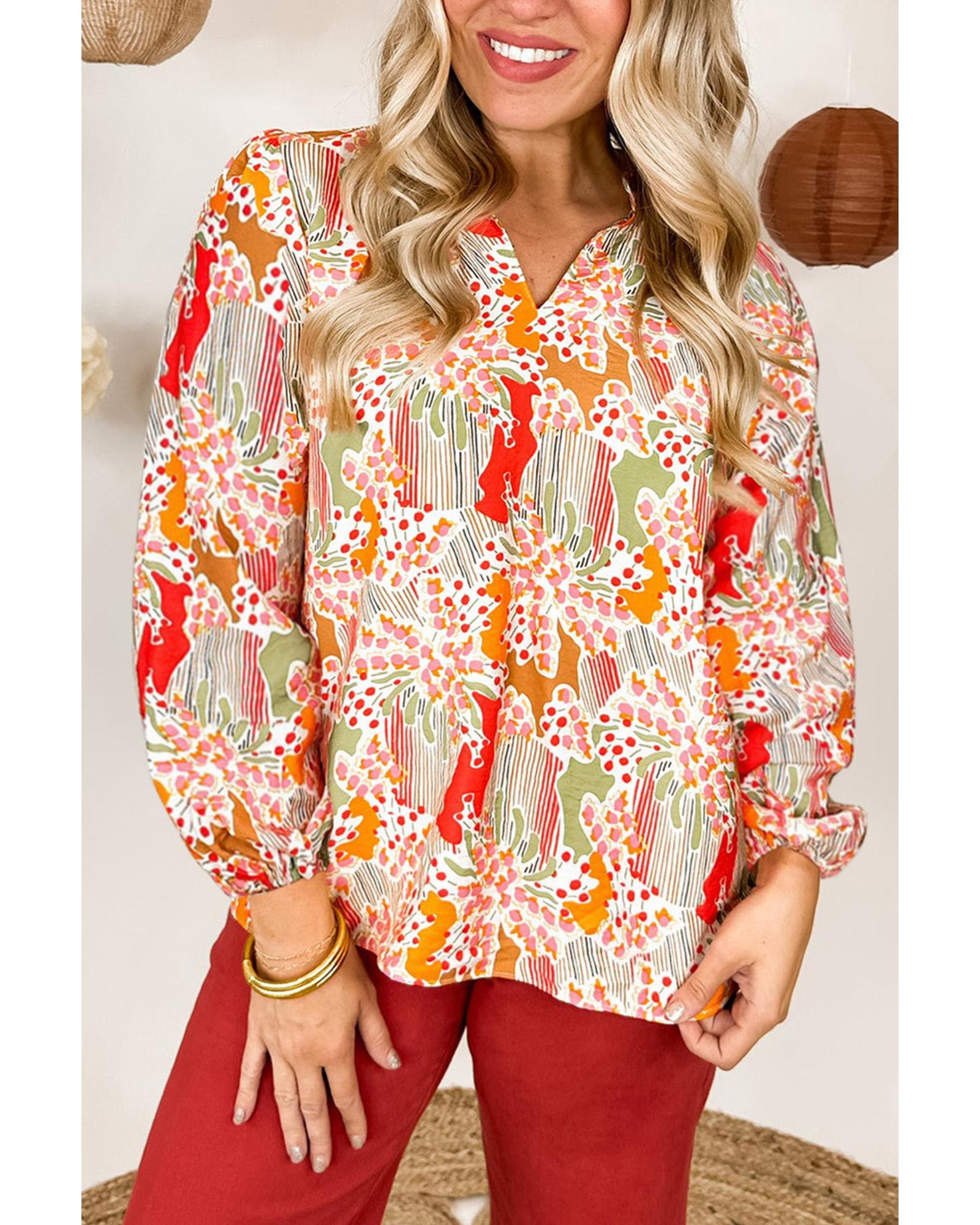V539-AZEXPL2511575-P1420-2X-202508310815-00 Orange Printed Floral Abstract Print Frilled V Neck Plus Size Blouse - 2X - Image 1