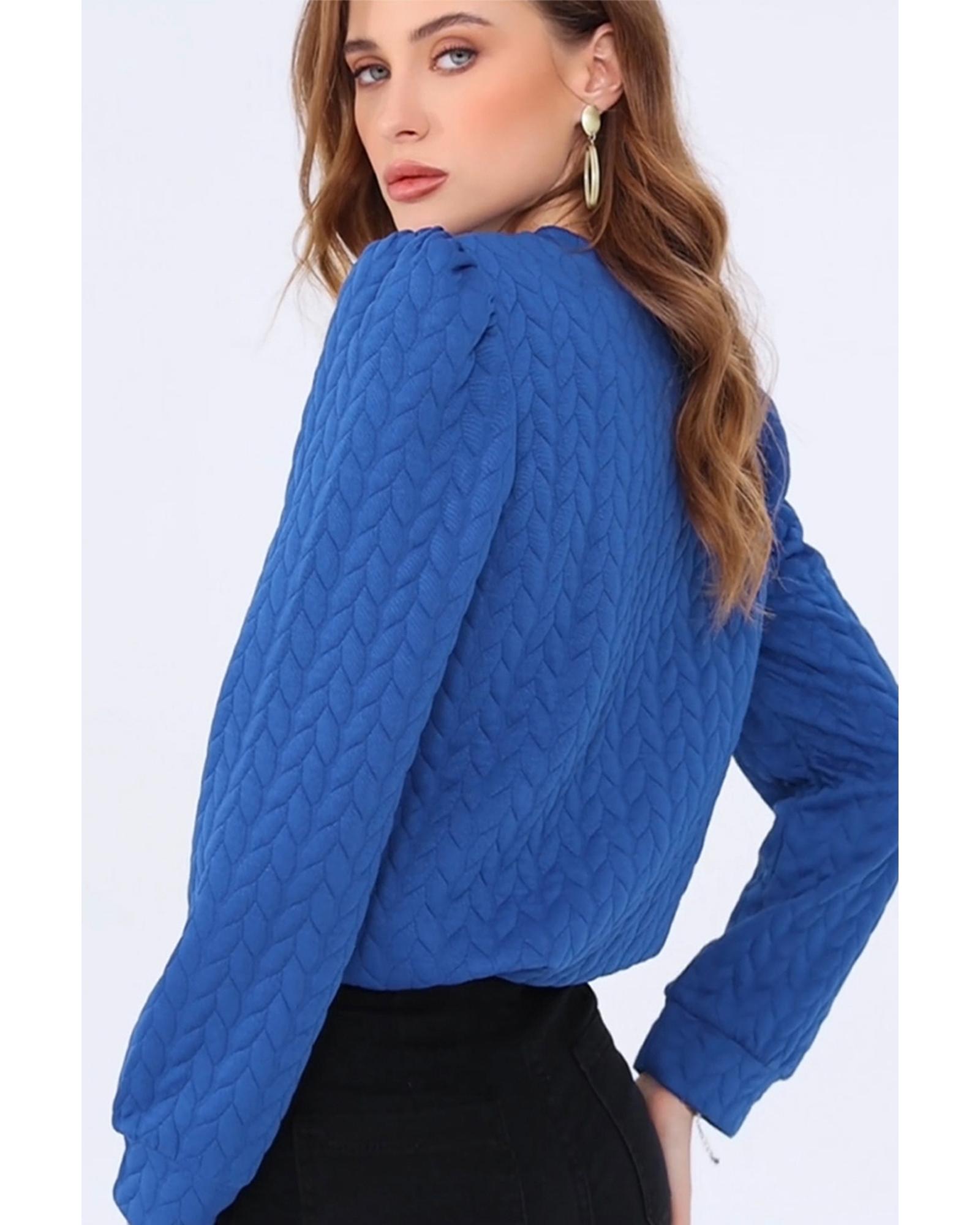 V539-AZEXPL2511597-P5-1X-202506182036-00 Dark Blue Cable Pattern Puff Sleeve Plus Size Top - 1X - Image 1