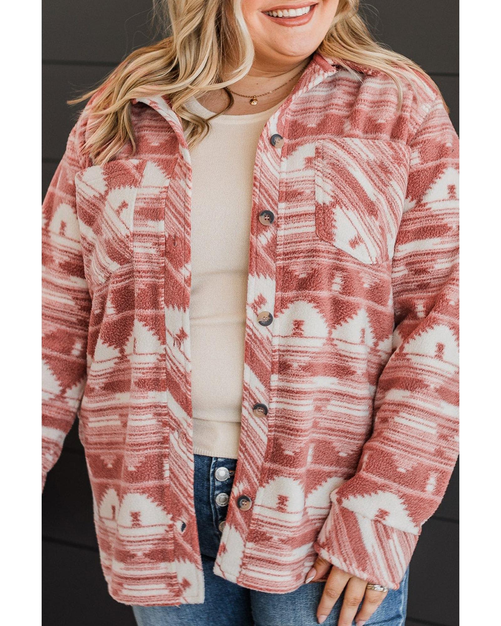 V539-AZEXPL2511657-P1020-1X-202506182042-00 Pink Plus Size Aztec Print Chest Pocket Shacket - 1X - Image 1
