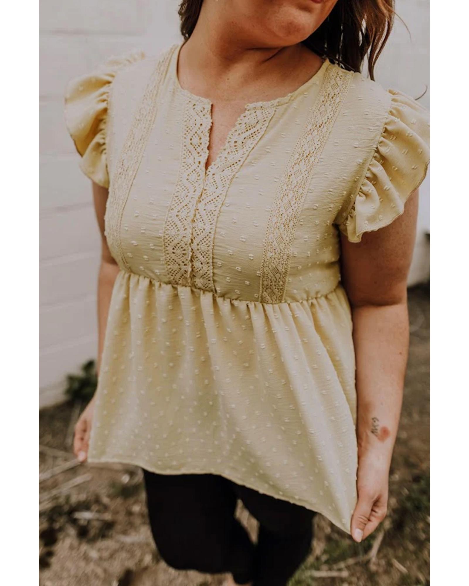 V539-AZEXPL2511887-P1018-1X-202506182111-00 Golden Fleece Plus Size Swiss Dot Lace Trim Split Neck Babydoll Top - 1X - Image 1