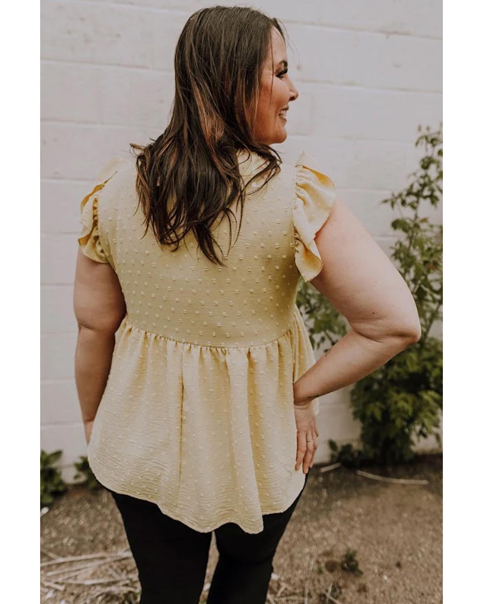 V539-AZEXPL2511887-P1018-2X-202508311030-00 Golden Fleece Plus Size Swiss Dot Lace Trim Split Neck Babydoll Top - 2X - Image 1