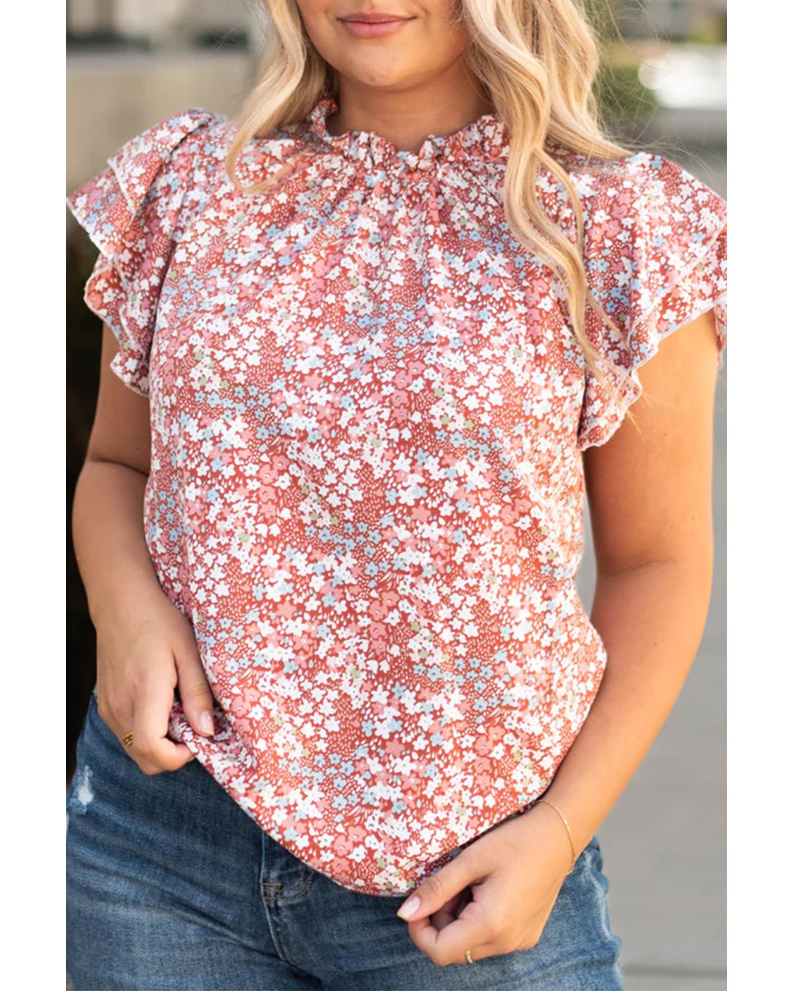 V539-AZEXPL2511889-P1020-1X-202506182112-00 Pink Plus Size Floral Print Ruffled Sleeve Frilled Neck Blouse - 1X - Image 1