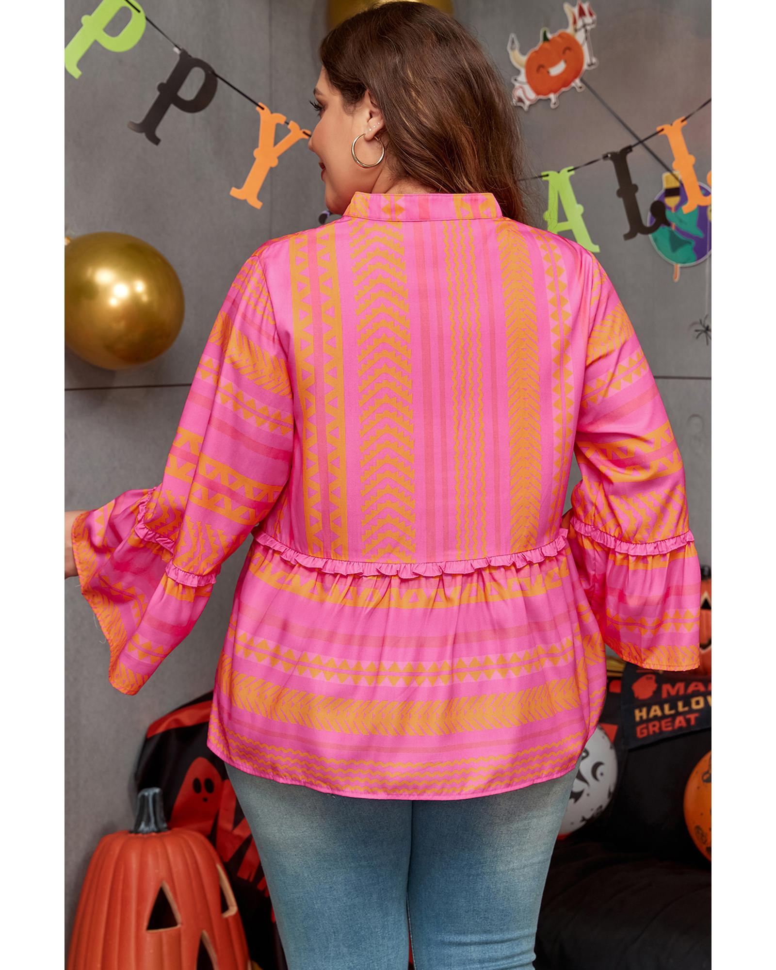 V539-AZEXPL2512401-P2014-2X-202508310455-00 Vitality Orange Plus Size Geometric Printed Bell Sleeve Babydoll Blouse - 2X - Image 1