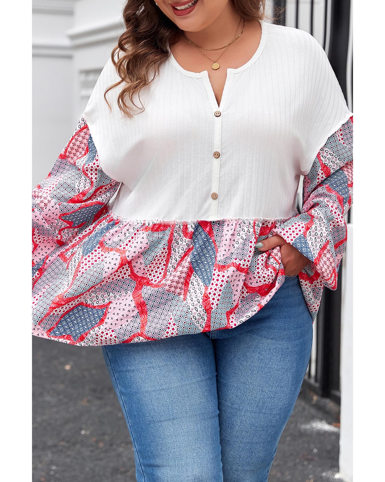 V539-AZEXPL2512450-P1820-2X-202508310815-00 Apricot Plus Size Printed Patchwork Textured Buttoned Blouse - 2X - Image 1
