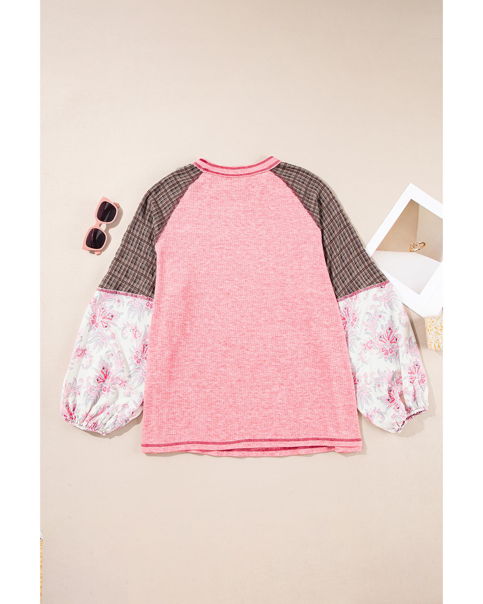 V539-AZEXPL2512527-P1020-2X-202508311025-00 Pink Checkered Paisley Patchwork Raglan Sleeve Seamed Plus Size Top - 2X - Image 1