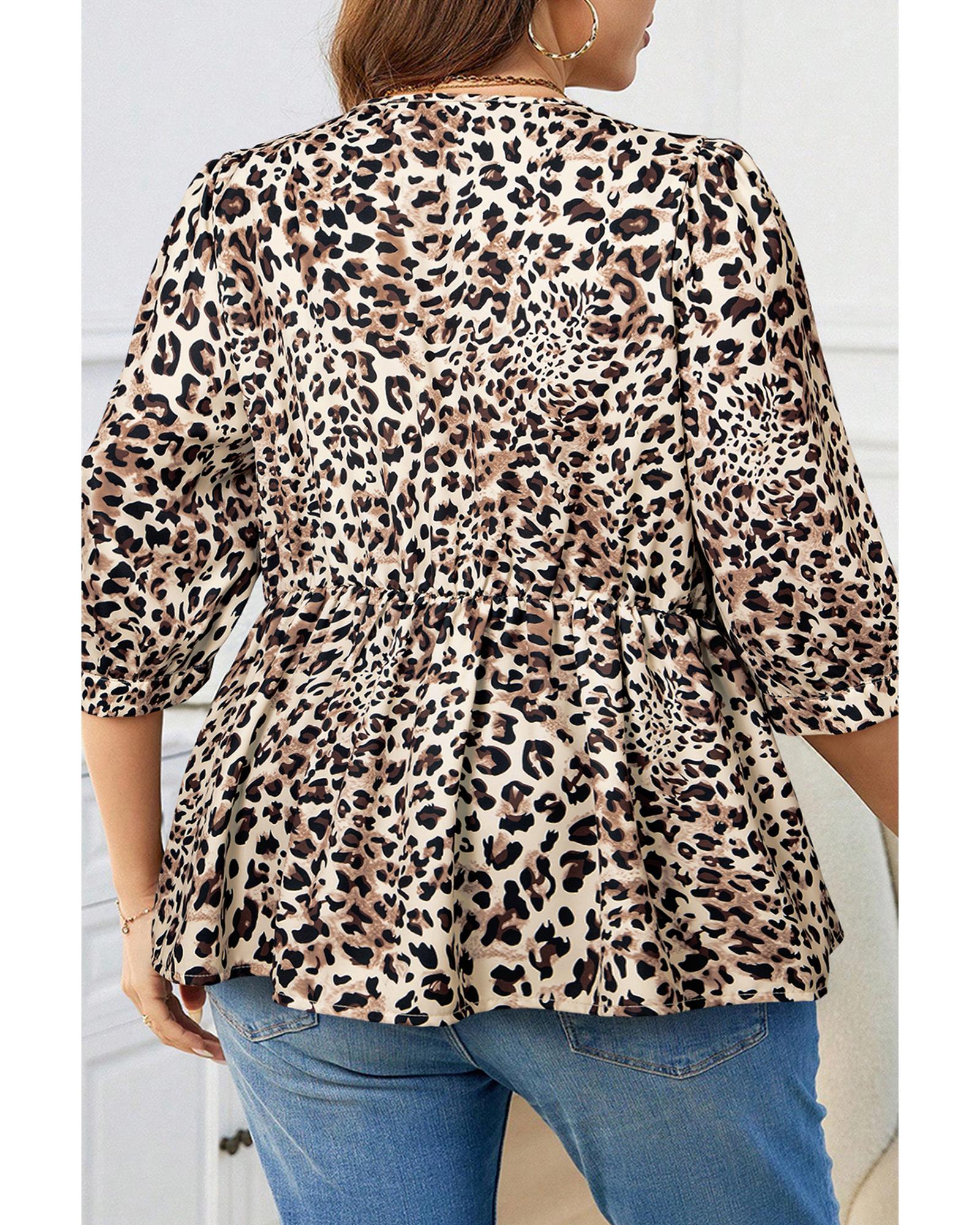 V539-AZEXPL2512617-P1620-4X-202508311555-00 Khaki Leopard Print Lace-up Ruffled 3/4 Sleeve Plus Size Blouse - 4X - Image 1
