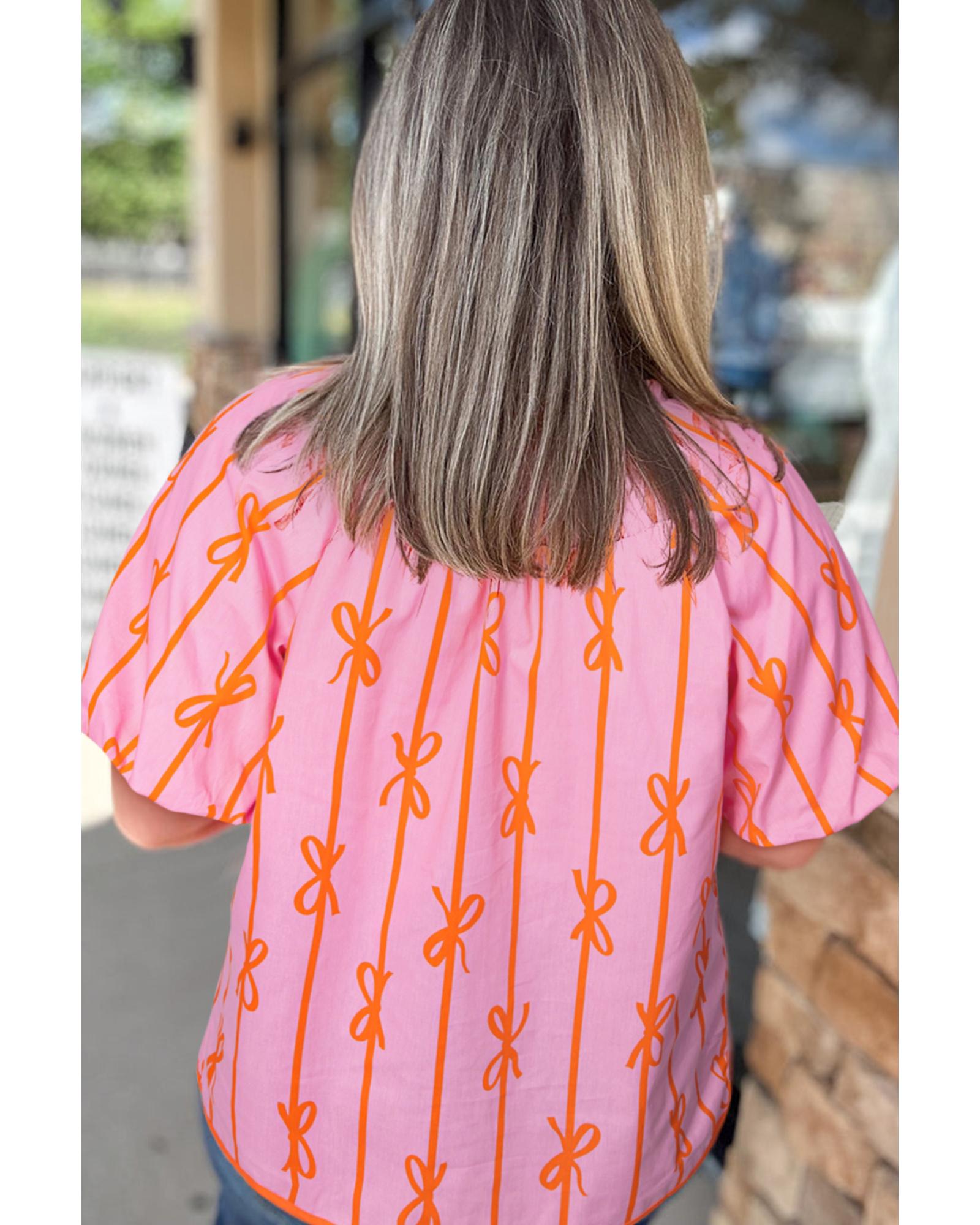 V539-AZEXPL2512646-P620-1X-202506181911-00 Rose Bowknot Print Shirred V Neck Puff Sleeve Plus Size Blouse - 1X - Image 1