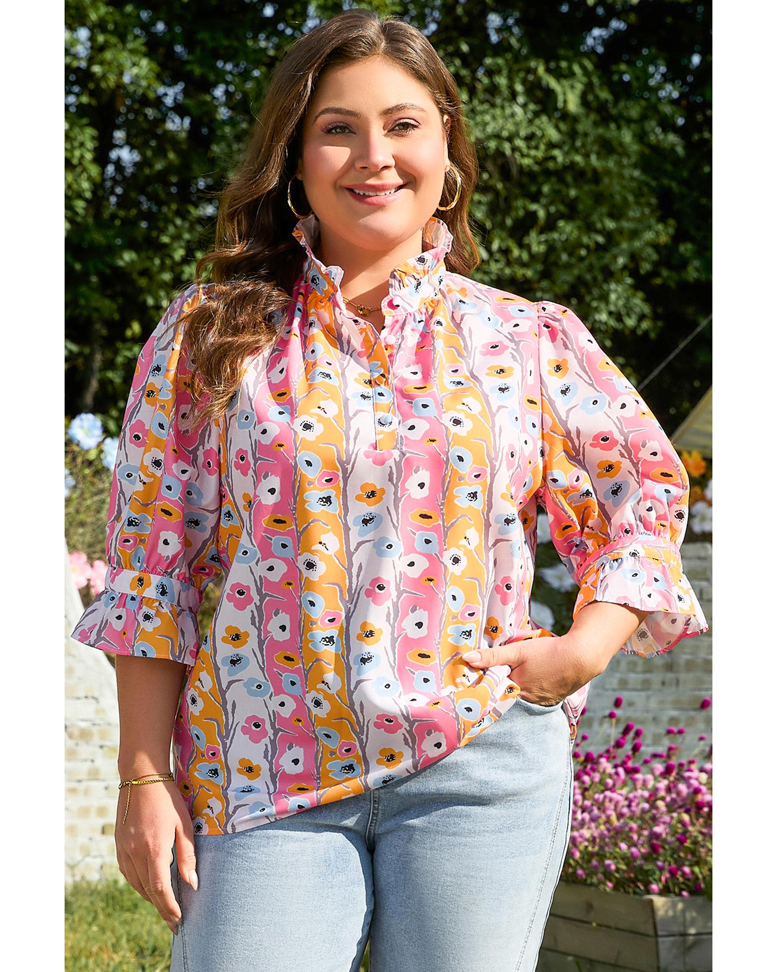 V539-AZEXPL2512775-P1020-3X-202508311550-00 Pink Floral Ruffled Collar Bracelet Sleeve Plus Size Blouse Top - 3X - Image 1