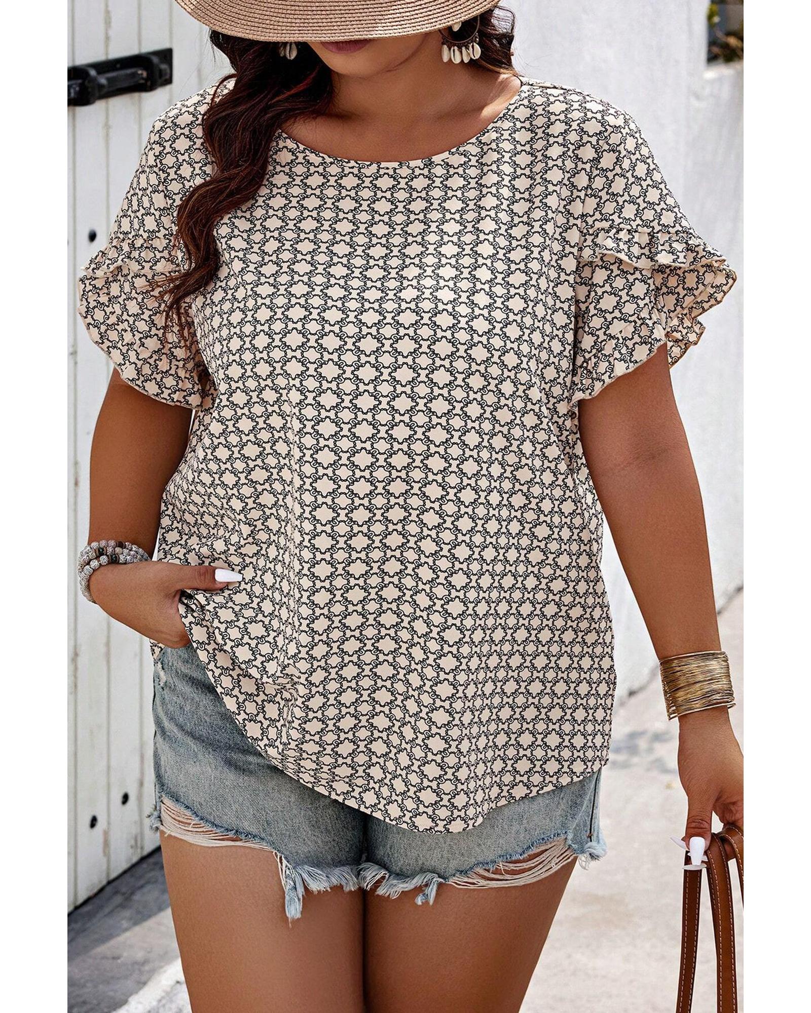 V539-AZEXPL2512795-P1620-2X-202508311510-00 Khaki Plus Size Geometric Print Ruffled Sleeve Blouse - 2X - Image 1
