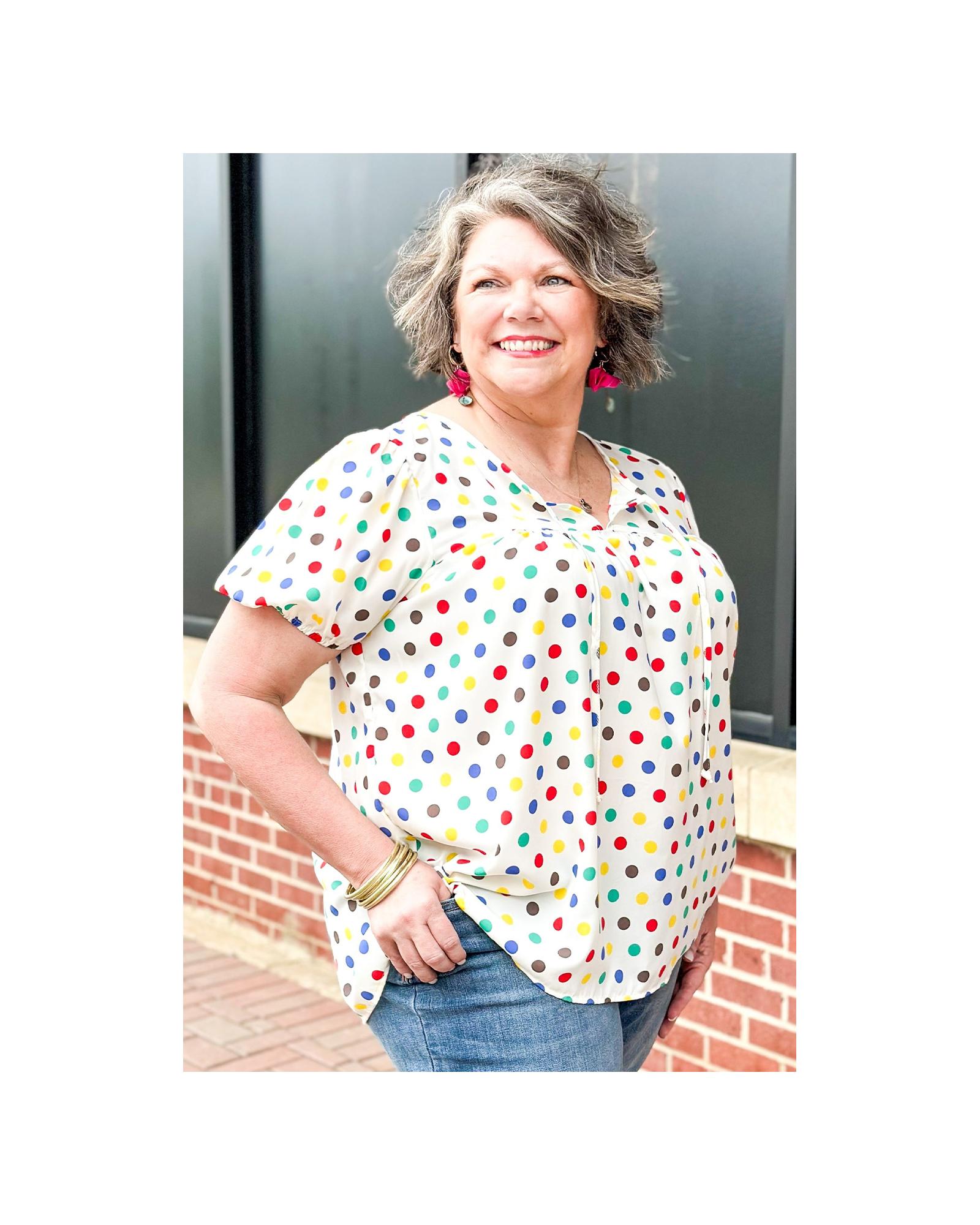 V539-AZEXPL2512812-P1820-4X-202508311455-00 Apricot Plus Size Colorful Polka Dots Tie Neck Puff Sleeve Blouse - 4X - Image 1