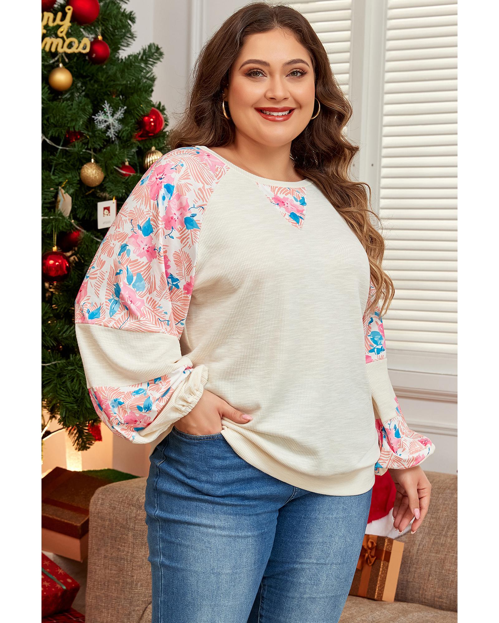 V539-AZEXPL25128275-P18-1X-202506181932-00 Apricot Plus Size Floral Patchwork Ribbed Puff Sleeve Top - 1X - Image 1