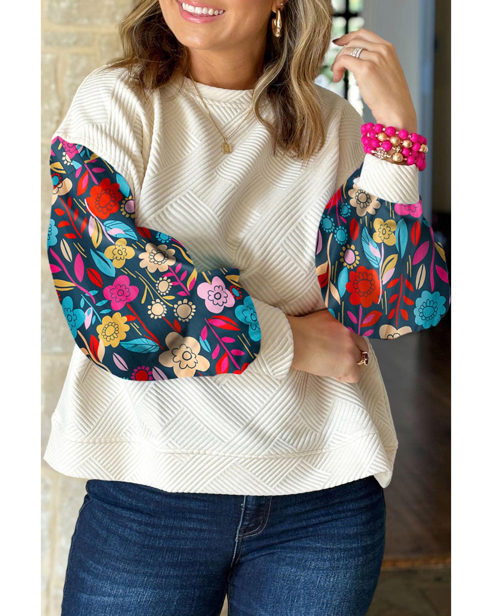 V539-AZEXPL25128386-P101-1X-202506181937-00 White Floral Patchwork Sleeve Textured Plus Size Pullover Top - 1X - Image 1