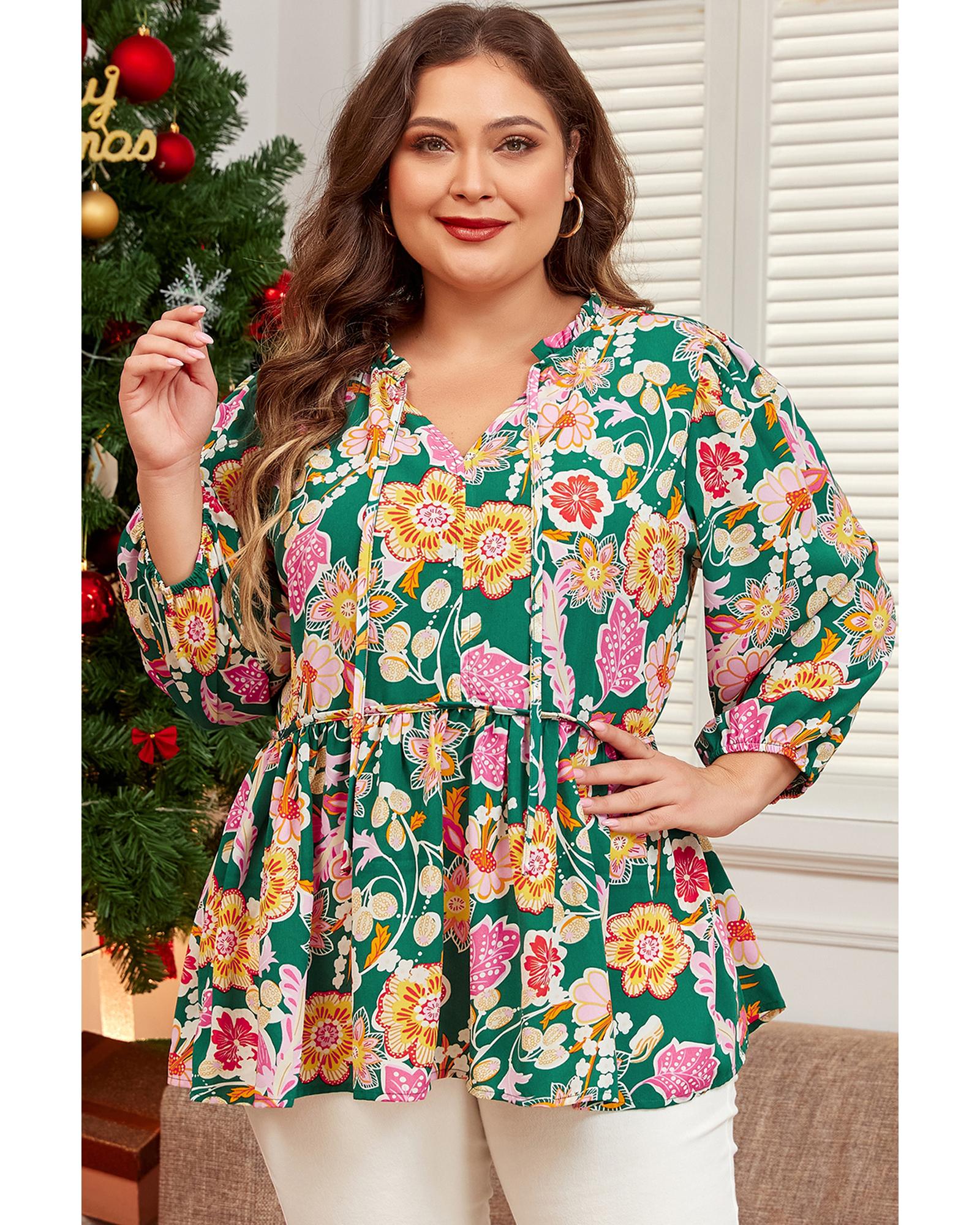 V539-AZEXPL25128411-P920-4X-202508310550-00 Green Floral Tied V Neck Long Sleeve Plus Size Babydoll Top - 4X - Image 1