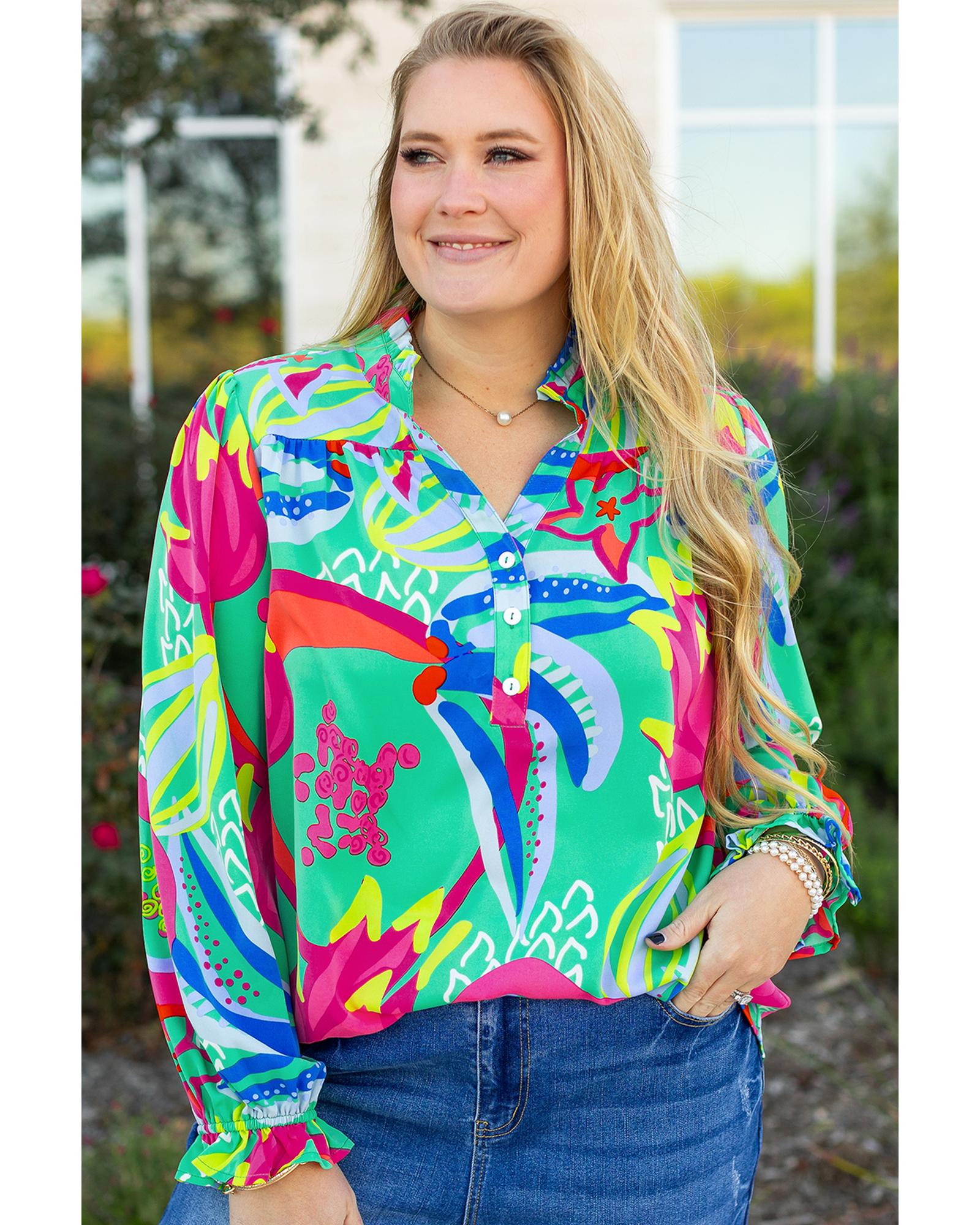 V539-AZEXPL25128414-P920-2X-202508310625-00 Green Abstract Printed Flounce Sleeve V Neck Buttoned Plus Size Blouse - 2X - Image 1