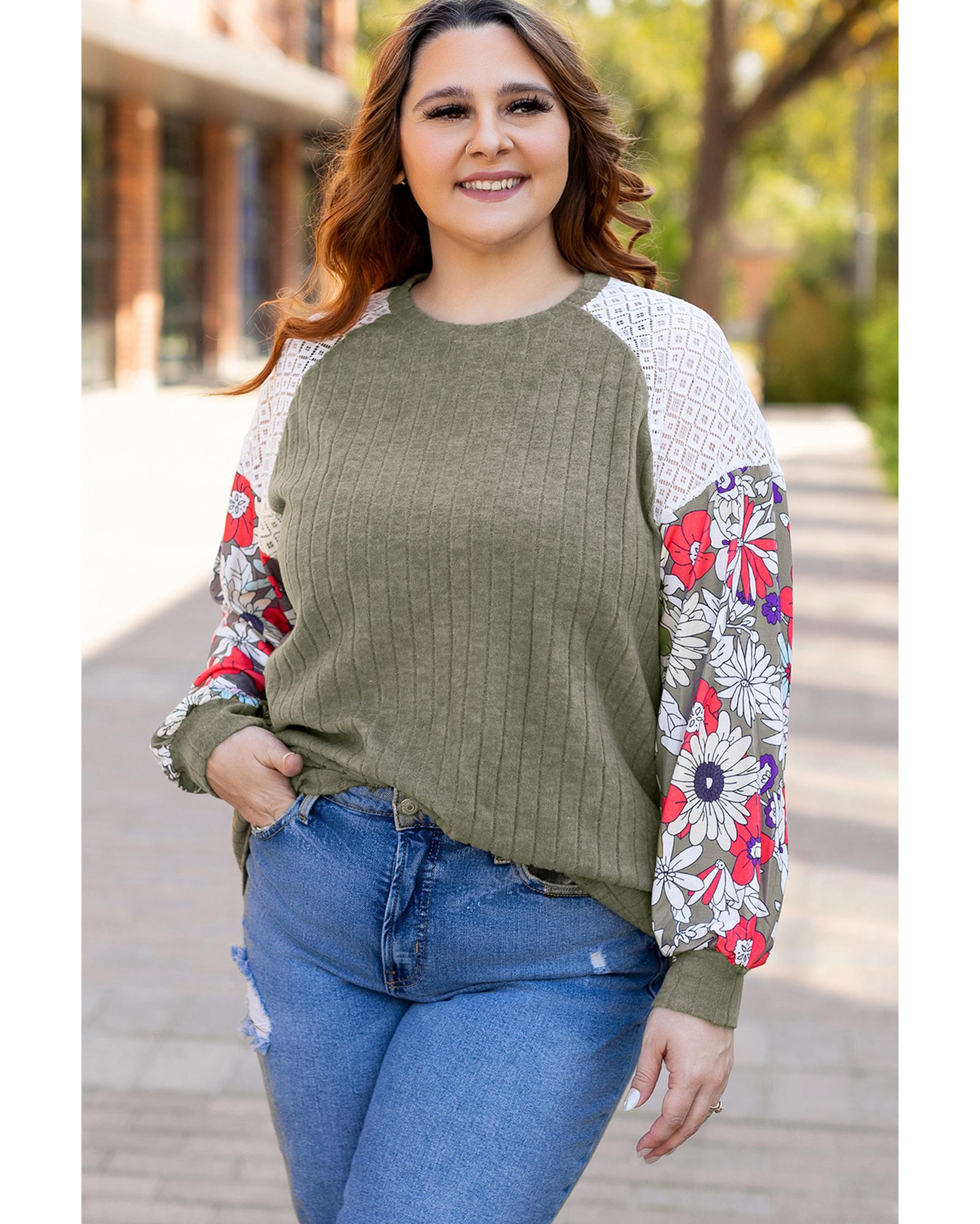 V539-AZEXPL25128503-P2409-3X-202508310745-00 Vineyard Green Plus Size Textured Floral Patchwork Raglan Sleeve Blouse - 3X - Image 1