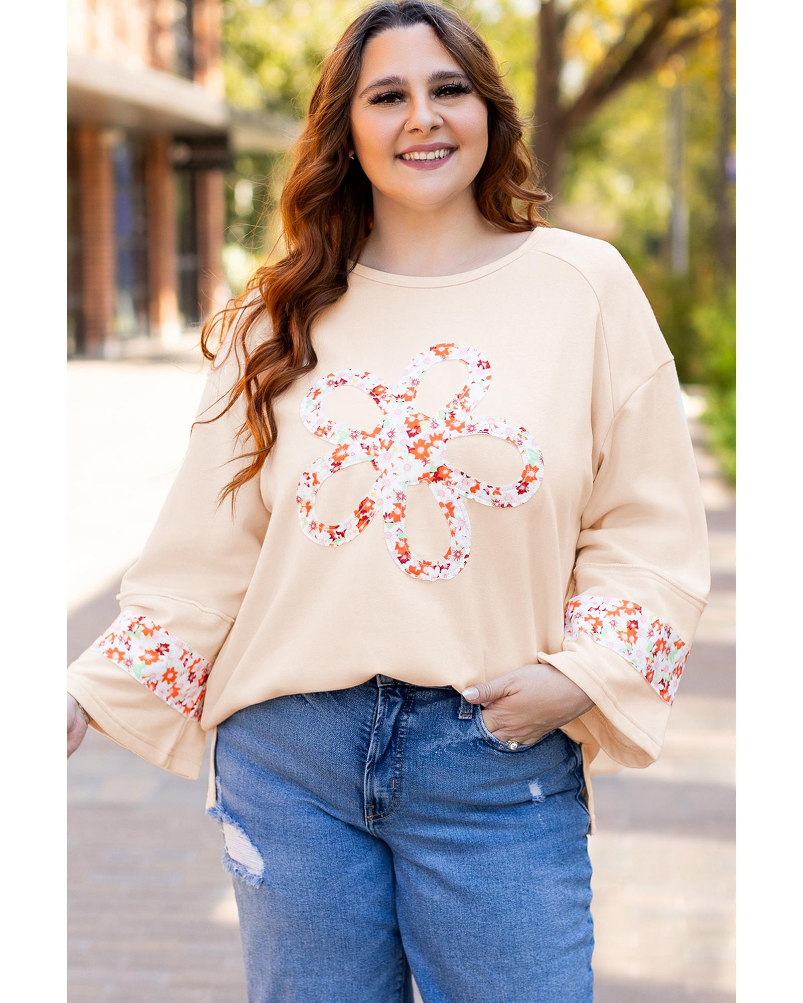 V539-AZEXPL25129068-P15-3X-202508311320-00 Beige Plus Size Flower Patched Side Slits Crewneck Top - 3X - Image 1