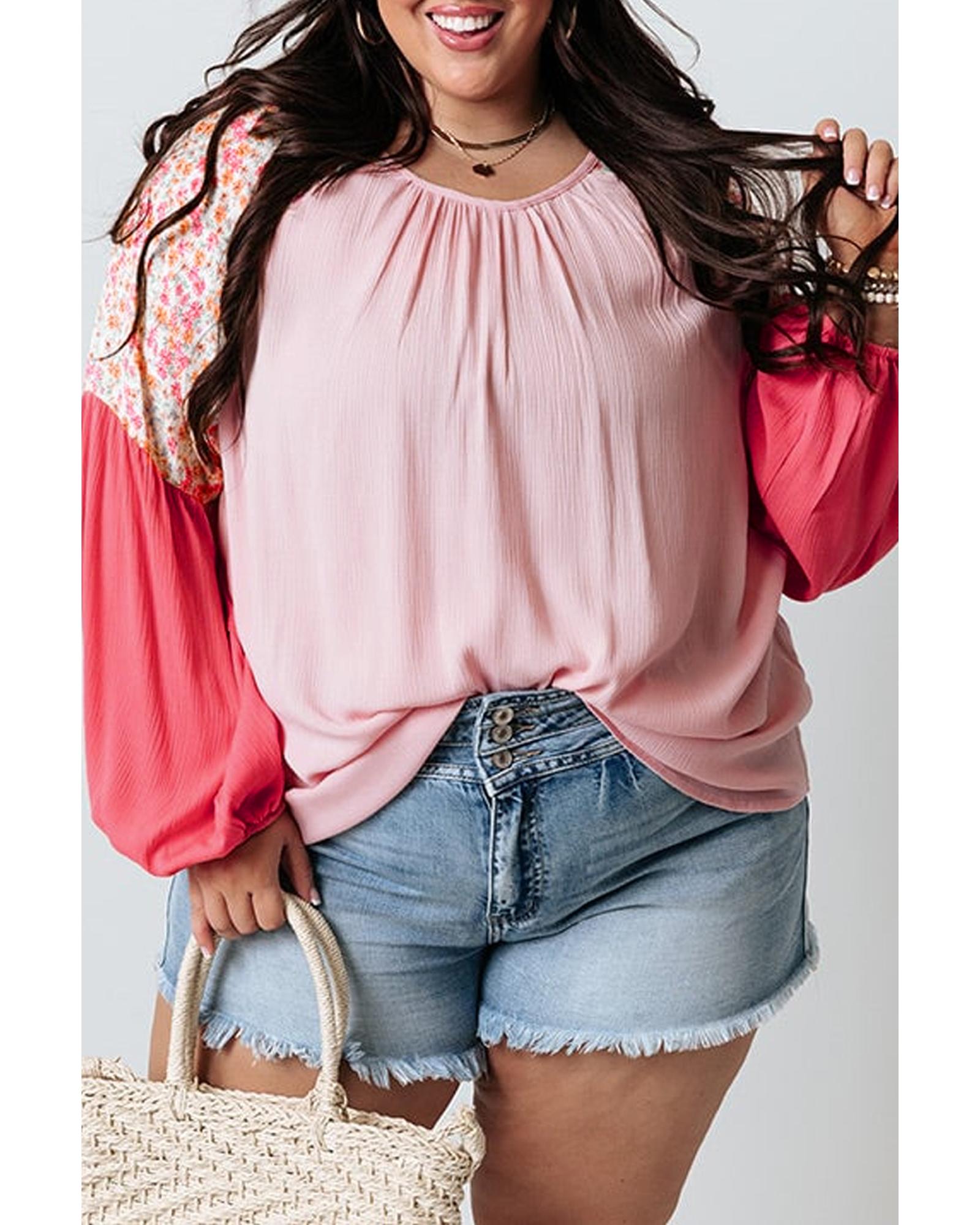 V539-AZEXPL2512928-P1020-3X-202508310305-00 Pink Contrast Floral Patchwork Long Sleeve Plus Size Blouse - 3X - Image 1