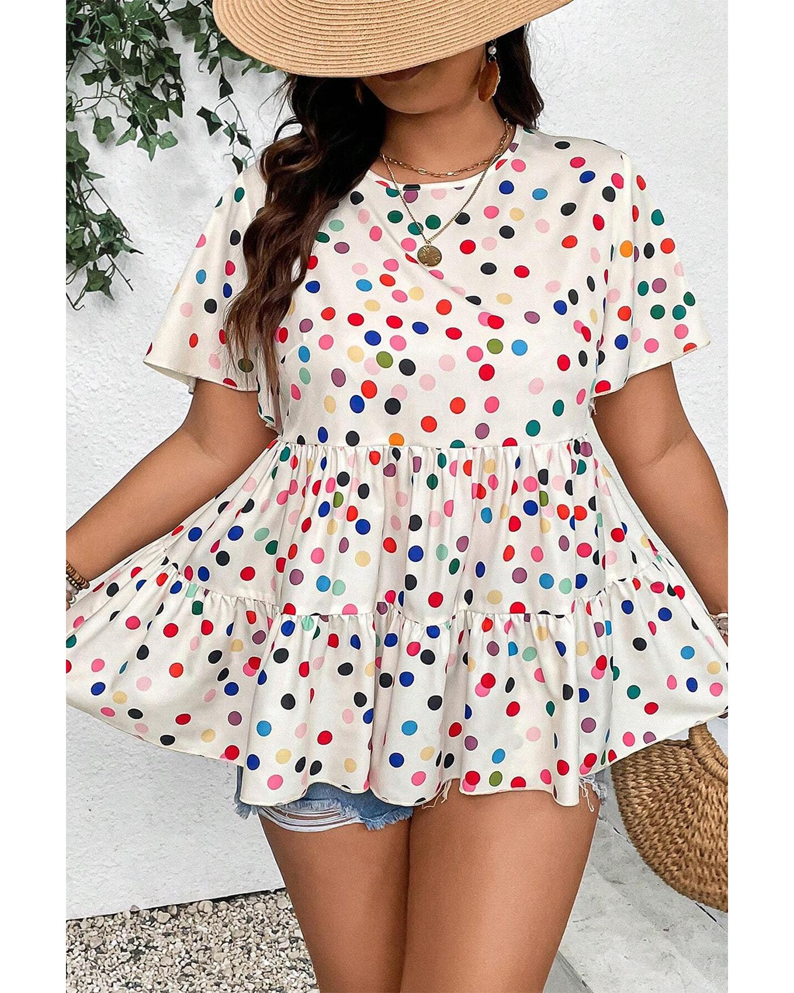 V539-AZEXPL2512994-P1520-1X-202506182015-00 Beige Colorful Polka Dot Print Short Sleeve Ruffled Plus Size Babydoll Blouse - 1X - Image 1