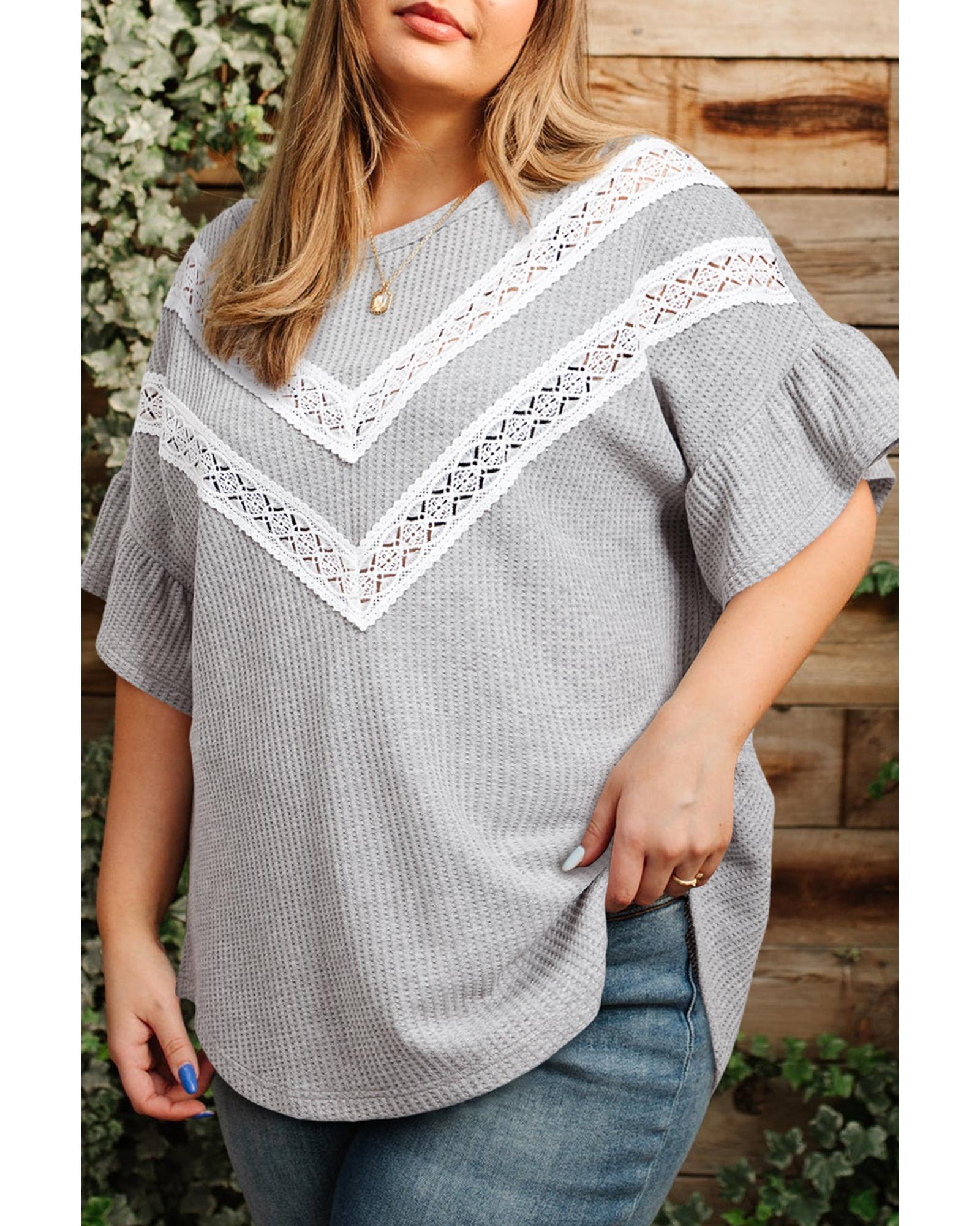 V539-AZEXPL2513037-P1011-4X-202508311010-00 Light Grey Lace Insert Waffle Ruffle Short Sleeve Plus Size Top - 4X - Image 1