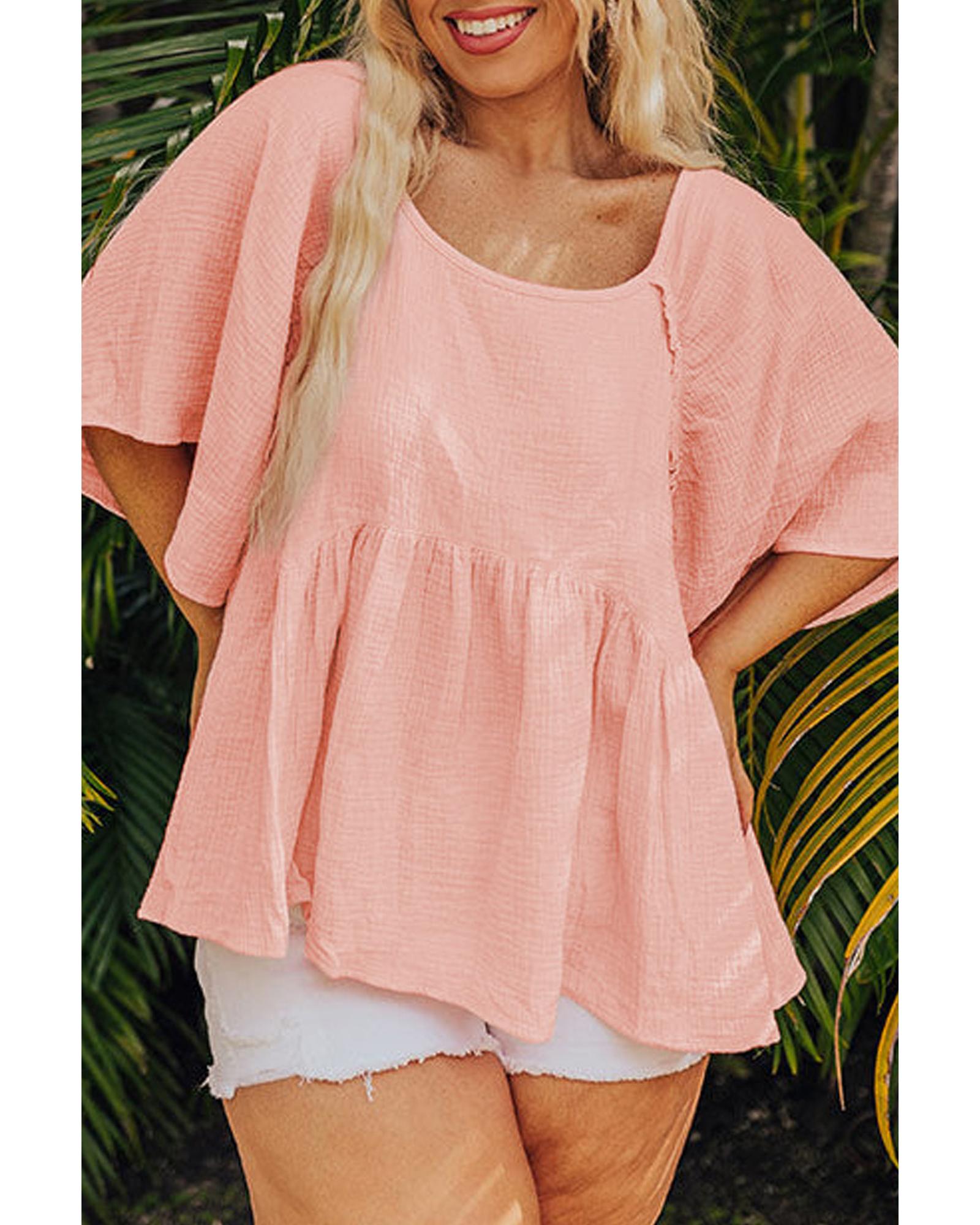 V539-AZEXPL2513105-P2010-4X-202508310645-00 Apricot Pink Plus Size Textured Wide Short Sleeve Babydoll Blouse - 4X - Image 1