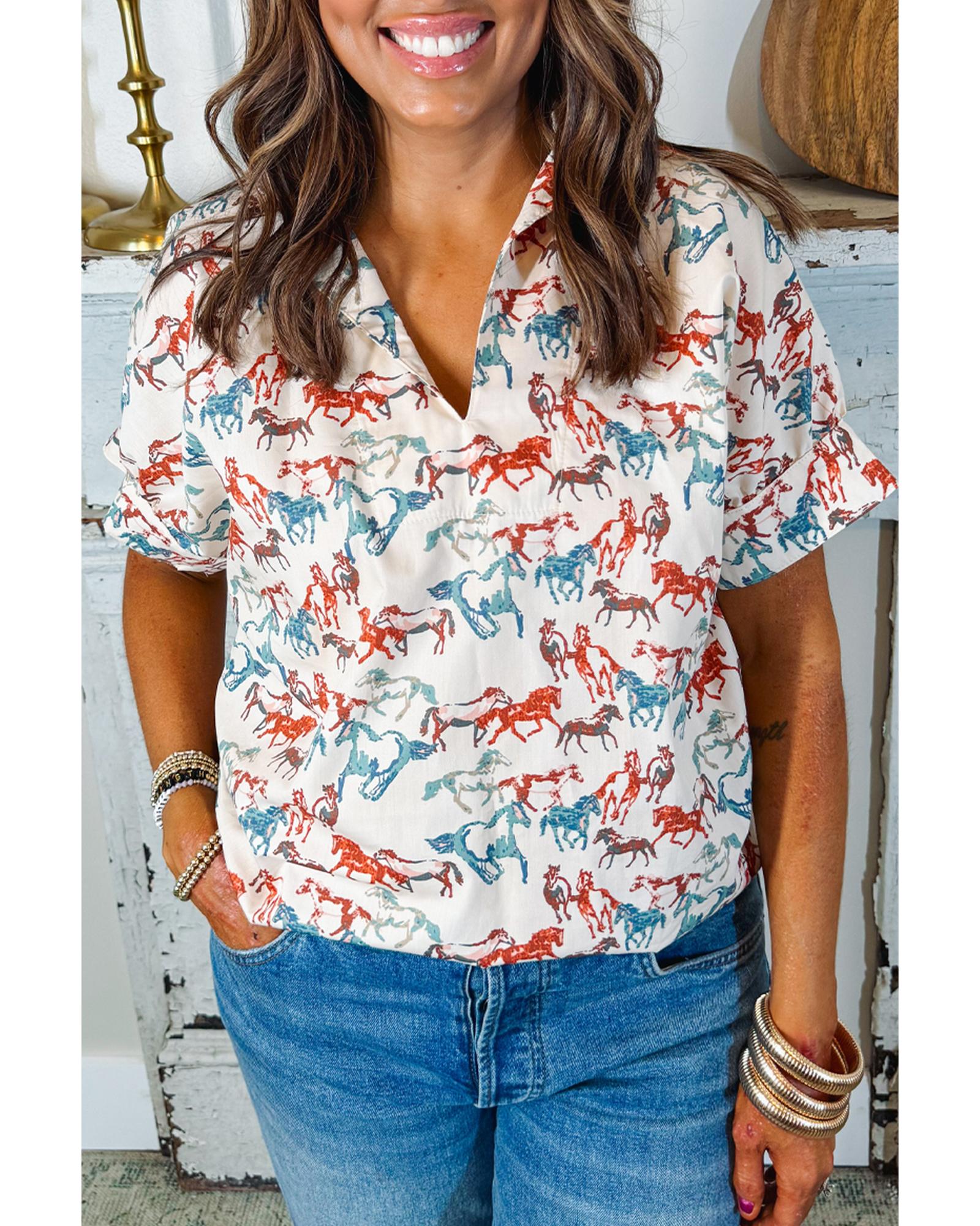 V539-AZEXPL2513173-P120-1X-202506182330-00 White Horse Galloping Allover Print Split Neck Plus Size Blouse - 1X - Image 1