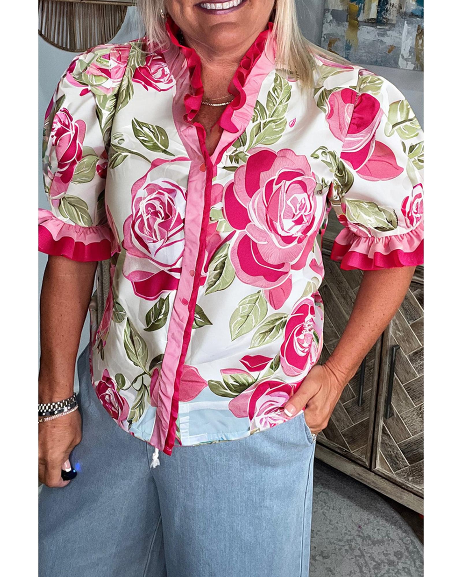 V539-AZEXPL2513857-P620-3X-202508311115-00 Rose Plus Size Floral Print Frilled Stripes Detail Short Sleeve Blouse - 3X - Image 1
