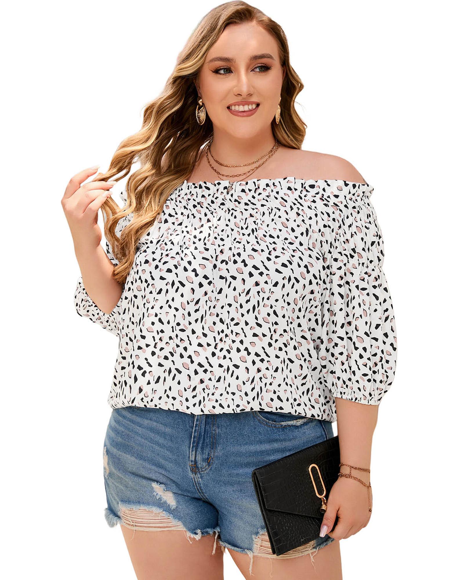 V539-AZEXPL251535-20-3X-202508311320-00 Cheetah Spotted Plus Size Off Shoulder Blouse - 3X - Image 1