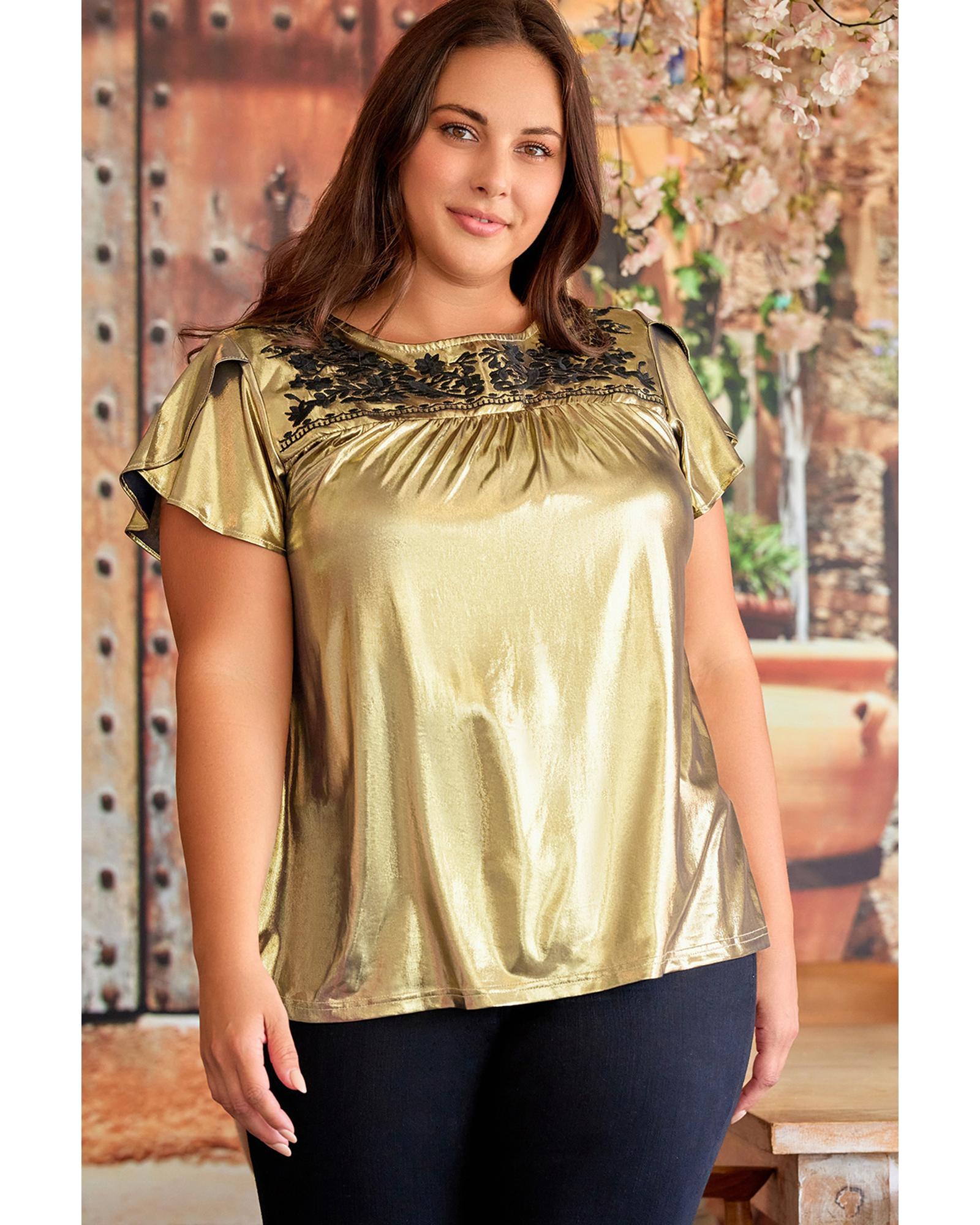 V539-AZEXPL251710-12-3X-202508310550-00 Gold Plus Size Floral Embroidered Short Sleeve Top - 3X - Image 1