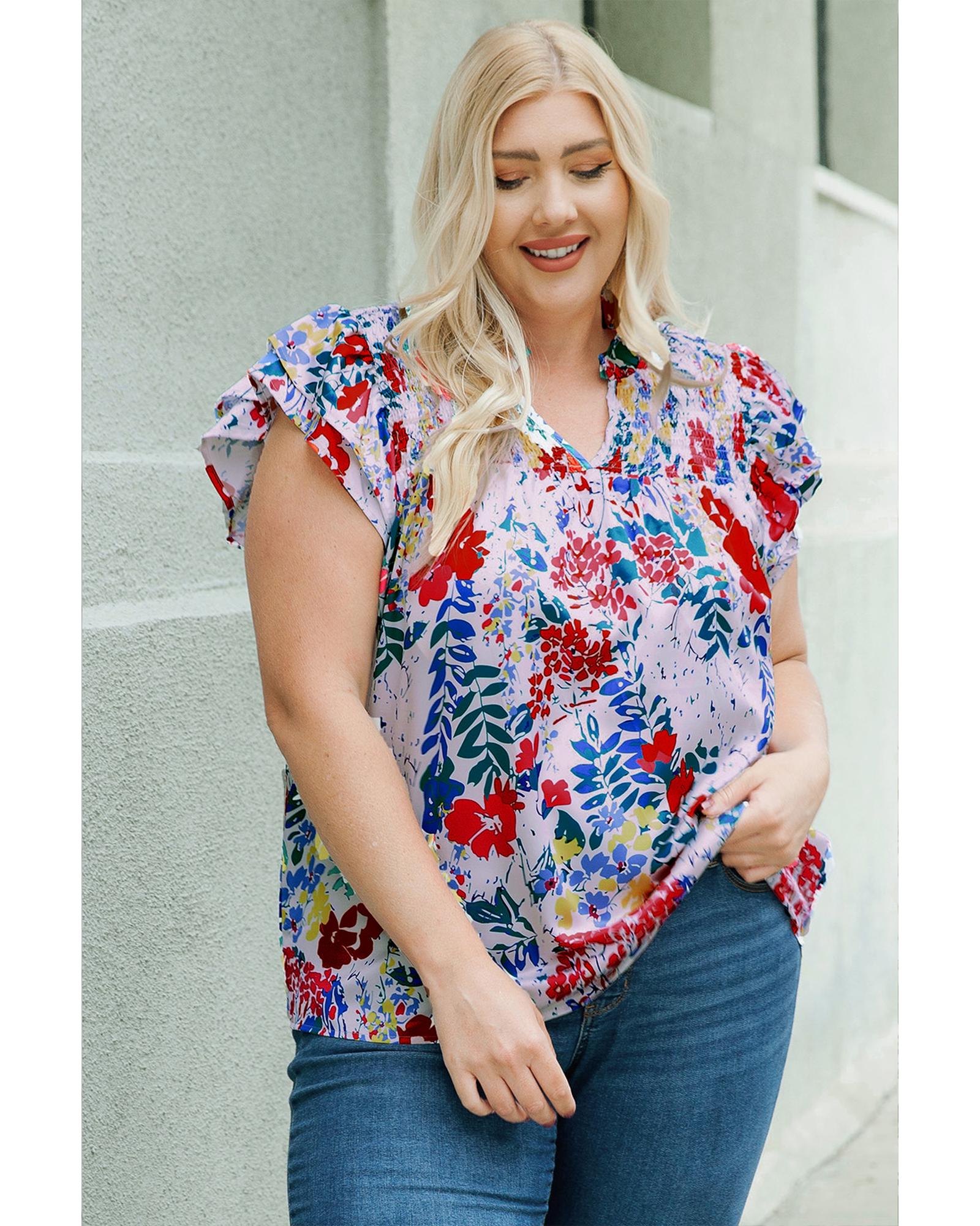 V539-AZEXPL251835-3-1X-202506190025-00 Red Plus Floral Print Ruffle Cap Sleeve V Neck Blouse - 1X - Image 1