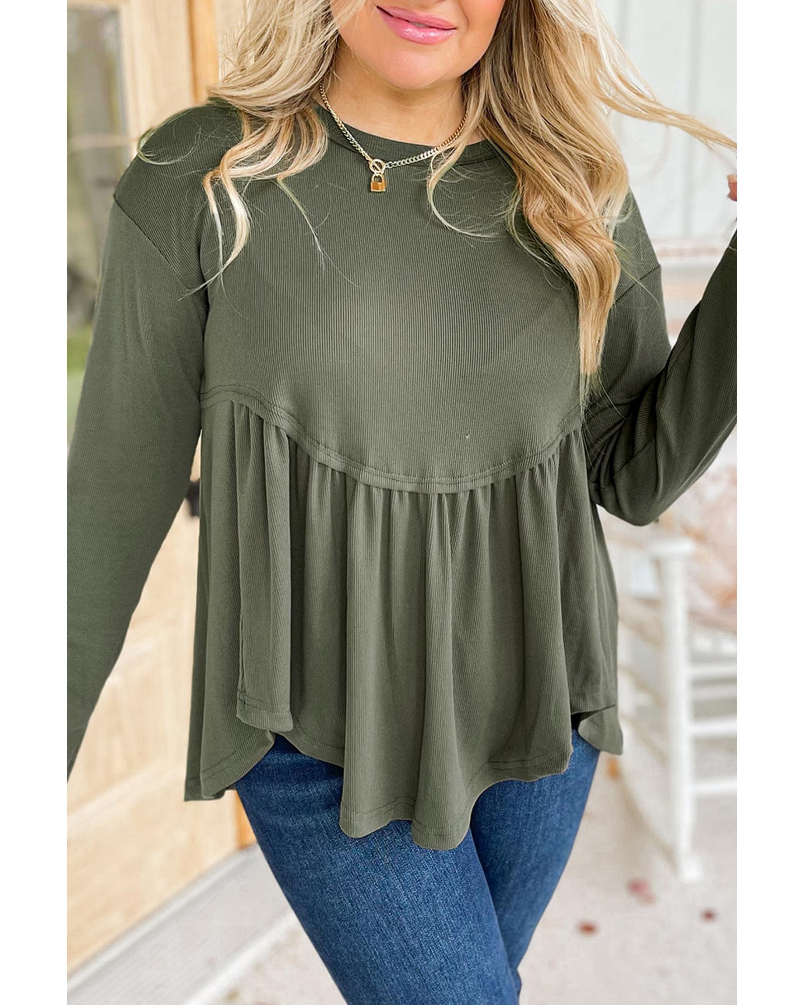 V539-AZEXPL2521119-P509-4X-202508310950-00 Mist Green Plus Size Thermal Knitted Babydoll Flare Top - 4X - Image 1