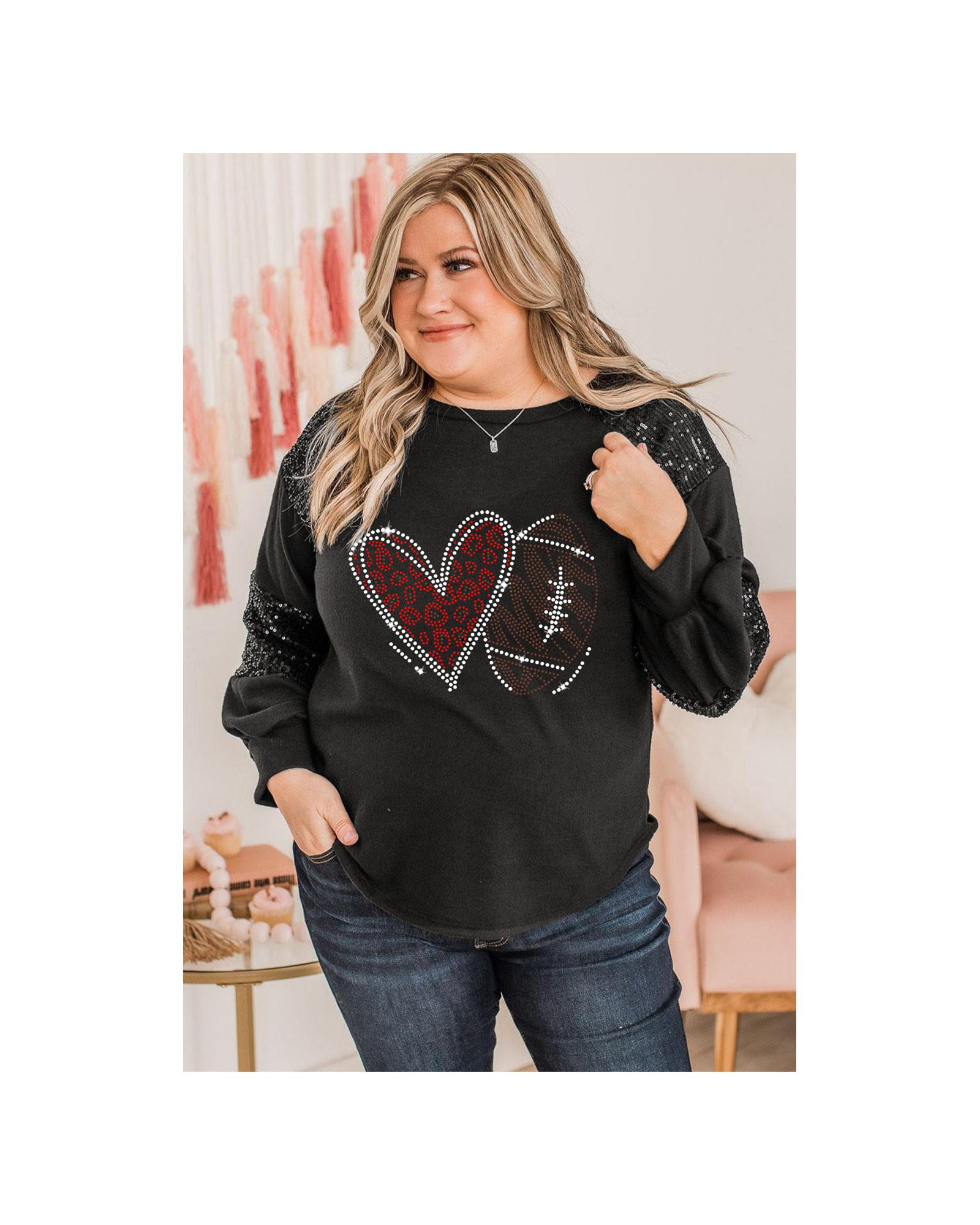 V539-AZEXPL2521225-2-2X-202508311545-00 Black Rhinestone Heart Rugby Football Pattern Sequin Patched Sleeve Plus Size Top - 2X - Image 1