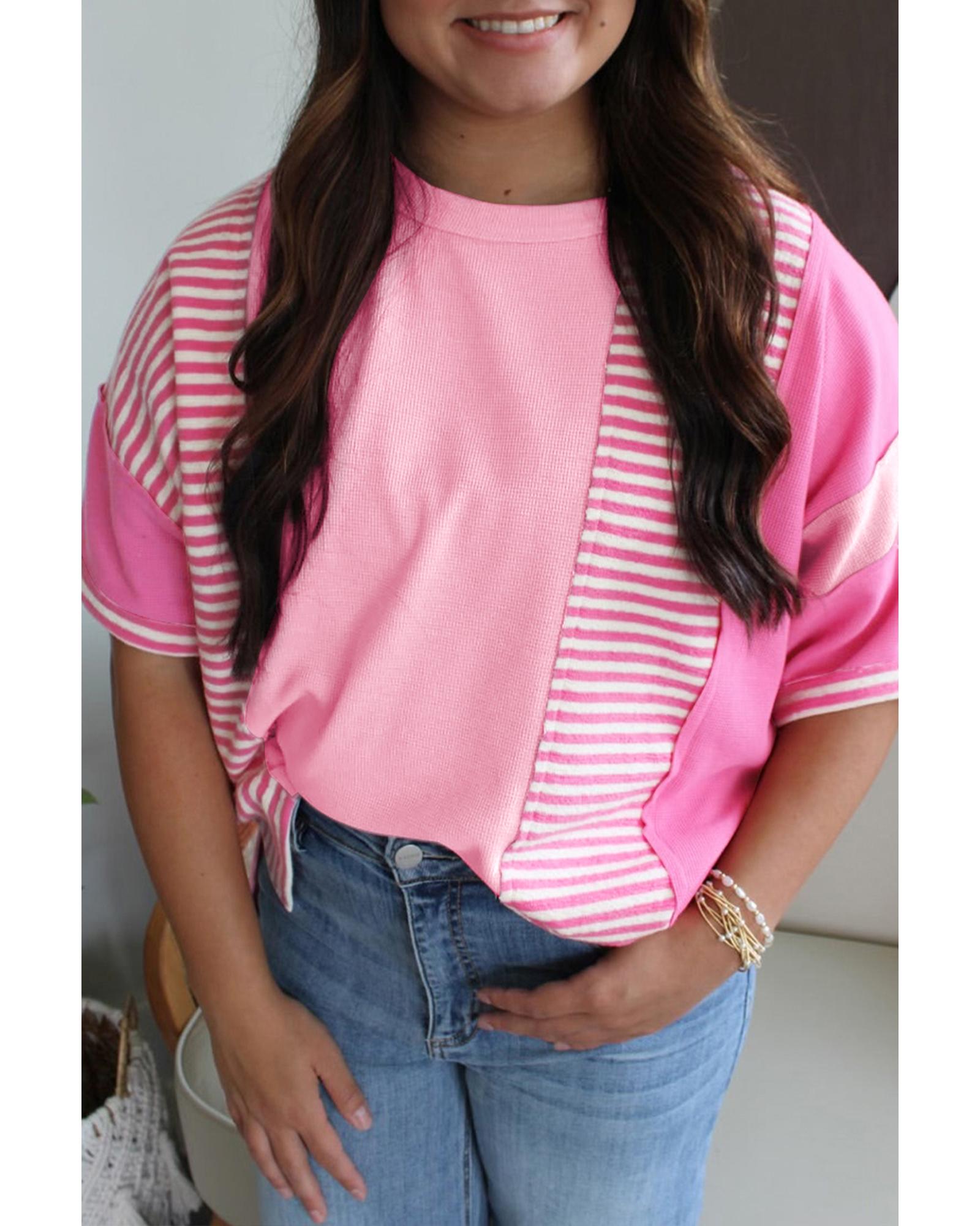 V539-AZEXPL2521366-P1019-2X-202506182232-00 Pink Stripe Patchwork Colorblock Plus Size T Shirt - 2X - Image 1