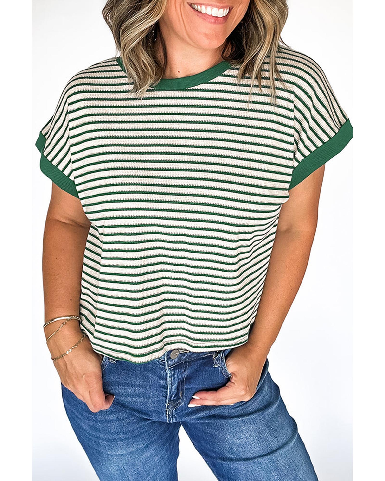 V539-AZEXPL2521464-P919-4X-202508311155-00 Green Stripe Trimmed Round Neck Plus Size Boxy Fit T-shirt - 4X - Image 1