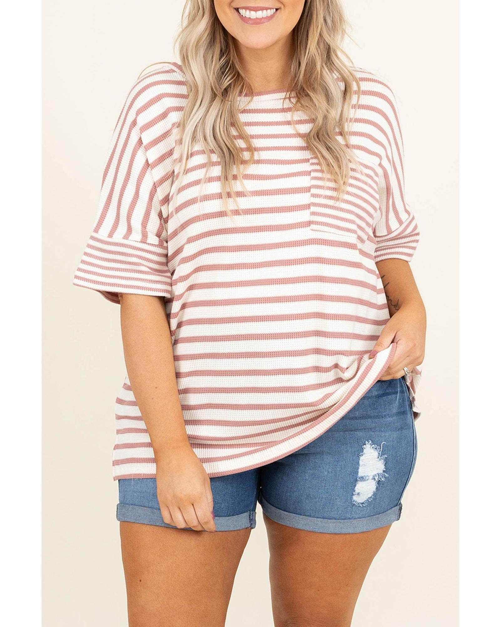 V539-AZEXPL2521488-P1019-2X-202508311230-00 Pink Stripe Waffle Knit Pocketed Half Sleeve Plus Size T Shirt - 2X - Image 1