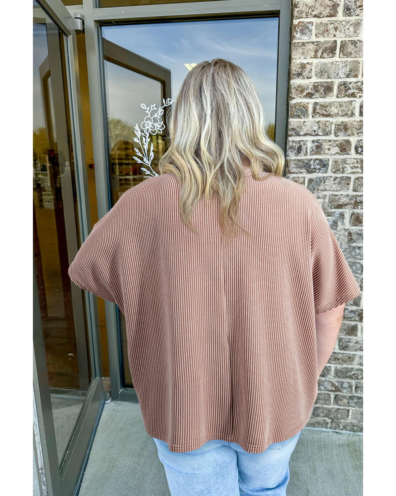 V539-AZEXPL2521560-P7016-4X-202508310705-00 Smoke Gray Ribbed Striped Crew Neck Plus Size Knit T Shirt - 4X - Image 1