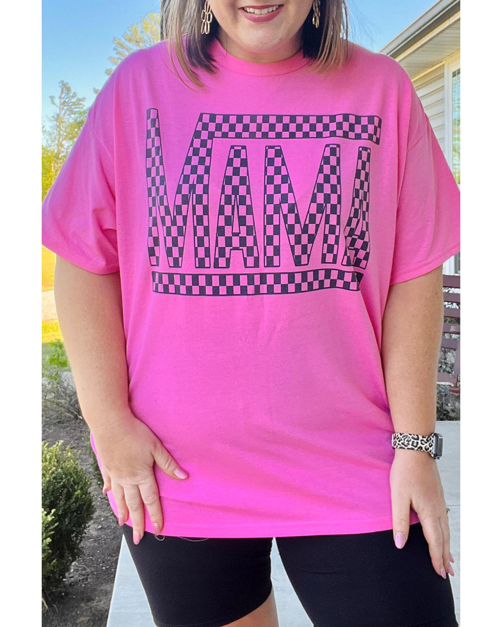 V539-AZEXPL2521577-P106-3X-202508310930-00 Bright Pink Checker MAMA Letter Printed Graphic Plus Size T Shirt - 3X - Image 1