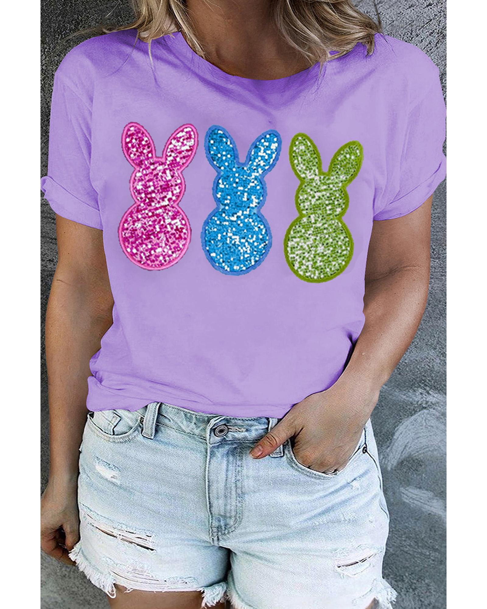 V539-AZEXPL2521794-P708-4X-202508310500-00 Orchid Petal Sequin Bunny Graphic Plus Size Easter Tee - 4X - Image 1